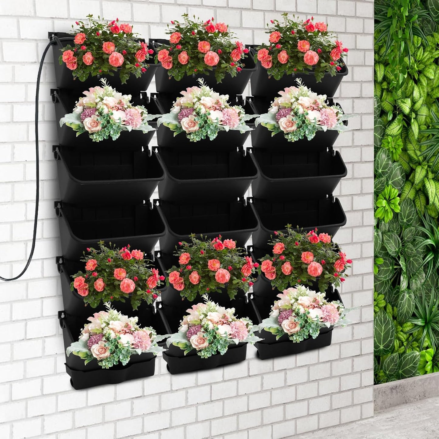 Self-Watering Wall-Mounted Planter, Vertical Wall Planter 18 Pots Vertical Living Wall Planter Indoor Plant Grow Pots w/Timer&Long Hose, Plant Flower Pot Holder for Flowers Vegetables (Black)