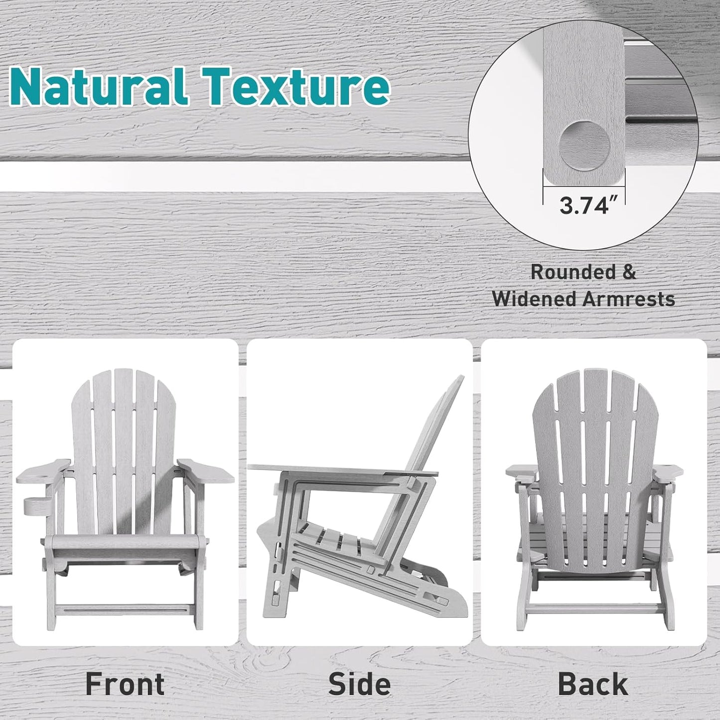 Adirondack Chair, Tool-Free Assembly All-Weather Adirondack Chairs, HDPE Fire Pit Chairs with Cup Holder, Outdoor Chair for Patio Garden (Grey)
