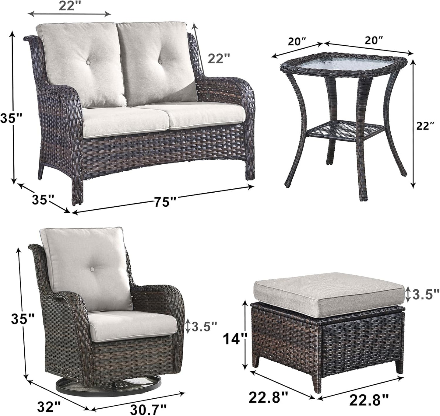 Outdoor Wicker Patio Furniture Set - 6 Piece Rattan Patio Conversation Set with 2 Rocking Swivel Chairs,2 Ottomans,1 Loveseat and 1 Side Table for Porch Deck Backyard Garden(Brown/Beige)