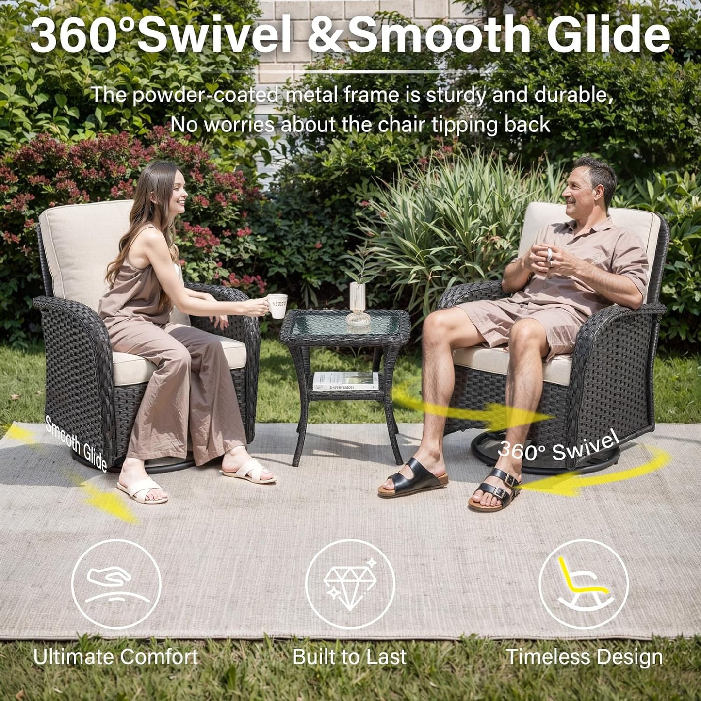 6 Pieces Wicker Patio Furniture Set - Swivel Rocker Outdoor Chairs with Outdoor Couch and Side Table, All-Weather Patio Conversation Set for Sunroom Deck Backyard Black