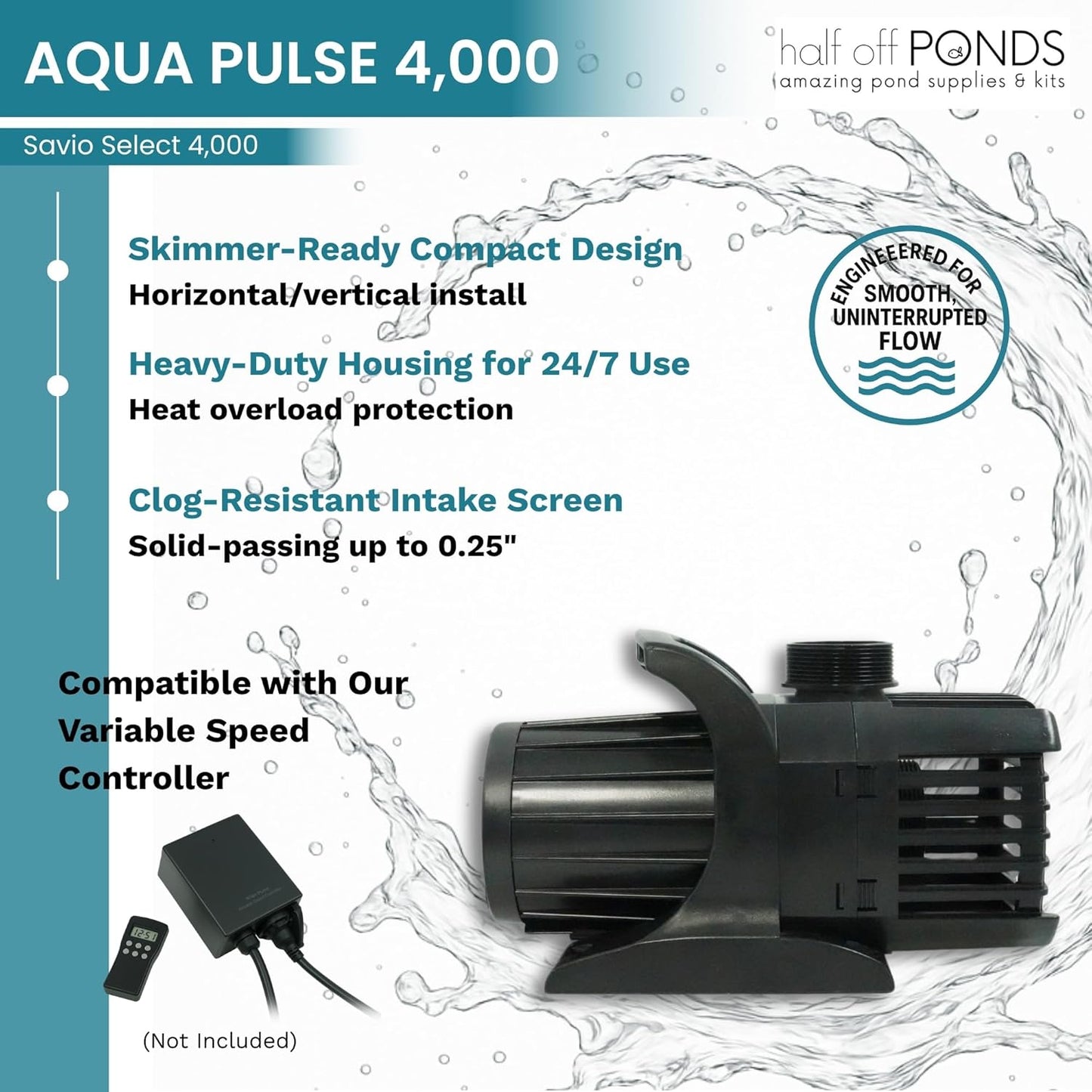 HALF OFF PONDS Savio Select 4,000 GPH Submersible Pump Pond Kit with 10' x 15' PVC Plastic Pond Liner for Water Garden & Koi Pond