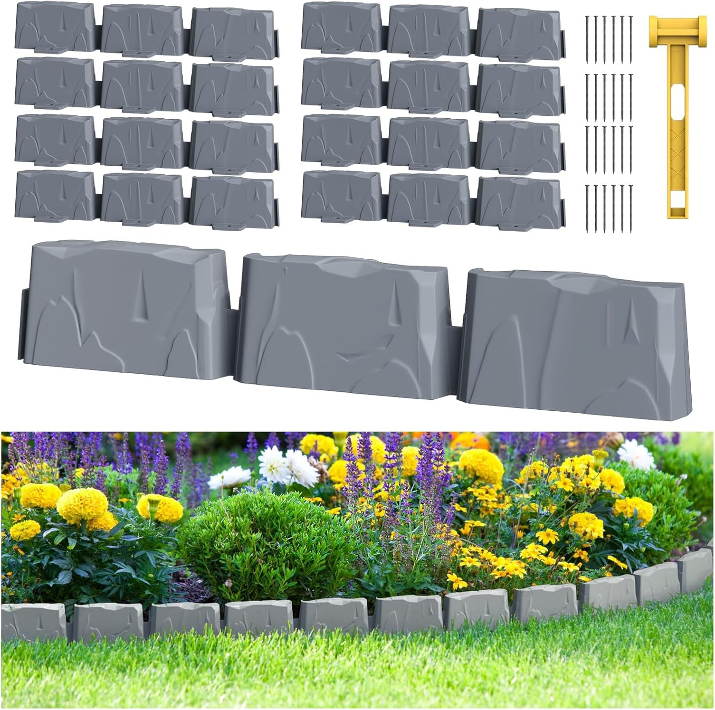 8Pcs Landscape Edging with 24 Pieces 8-Inch Spikes | for Flower Beds, Tree Rings, Pathways | Garden Edging Border Stone 12" Long, 3-Inch Tall,Faux Stone Edging for Landscaping (12FT)