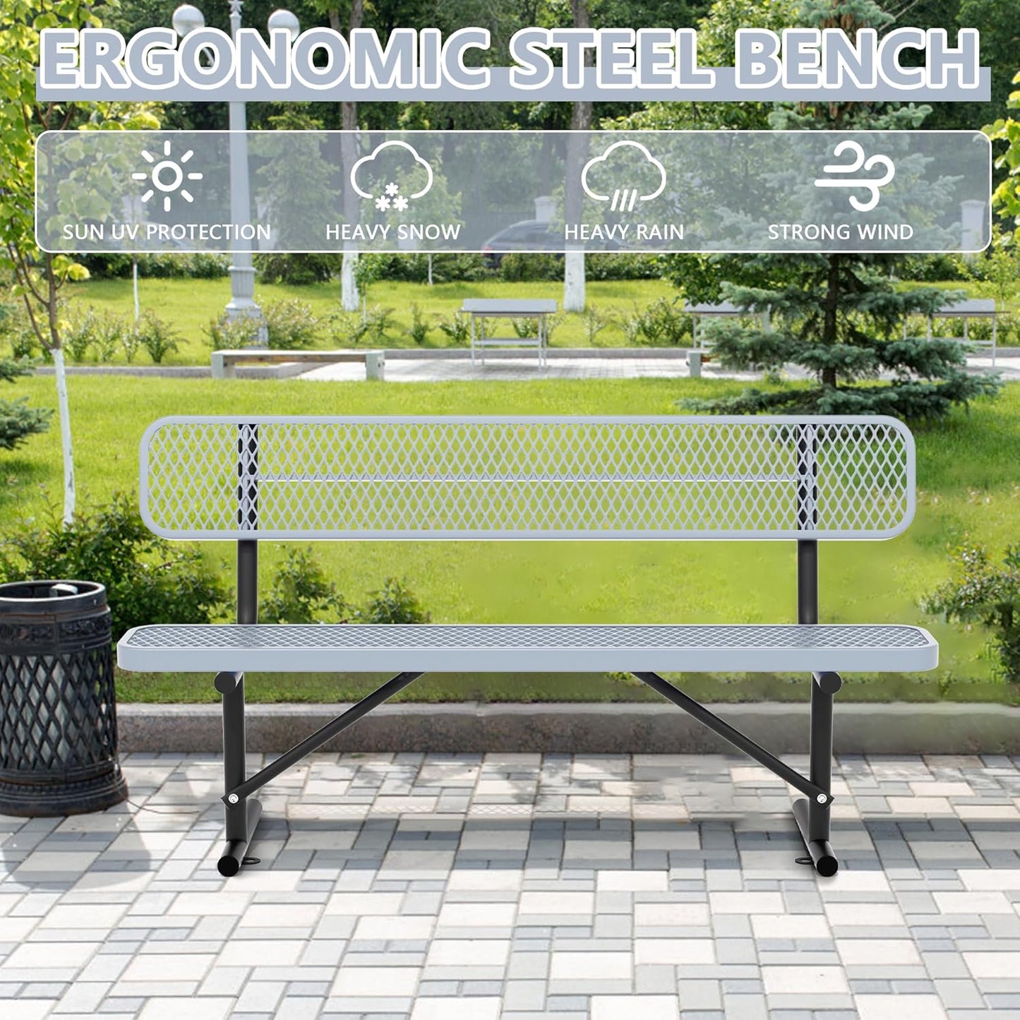 6FT Benches for Outside, Heavy-Duty Outdoor Garden Bench W/Back, Metal Park Bench for Sitting Area, Commercial Bench for Patio Porch Backyard School Sports Church Locker Room Shopping Centers