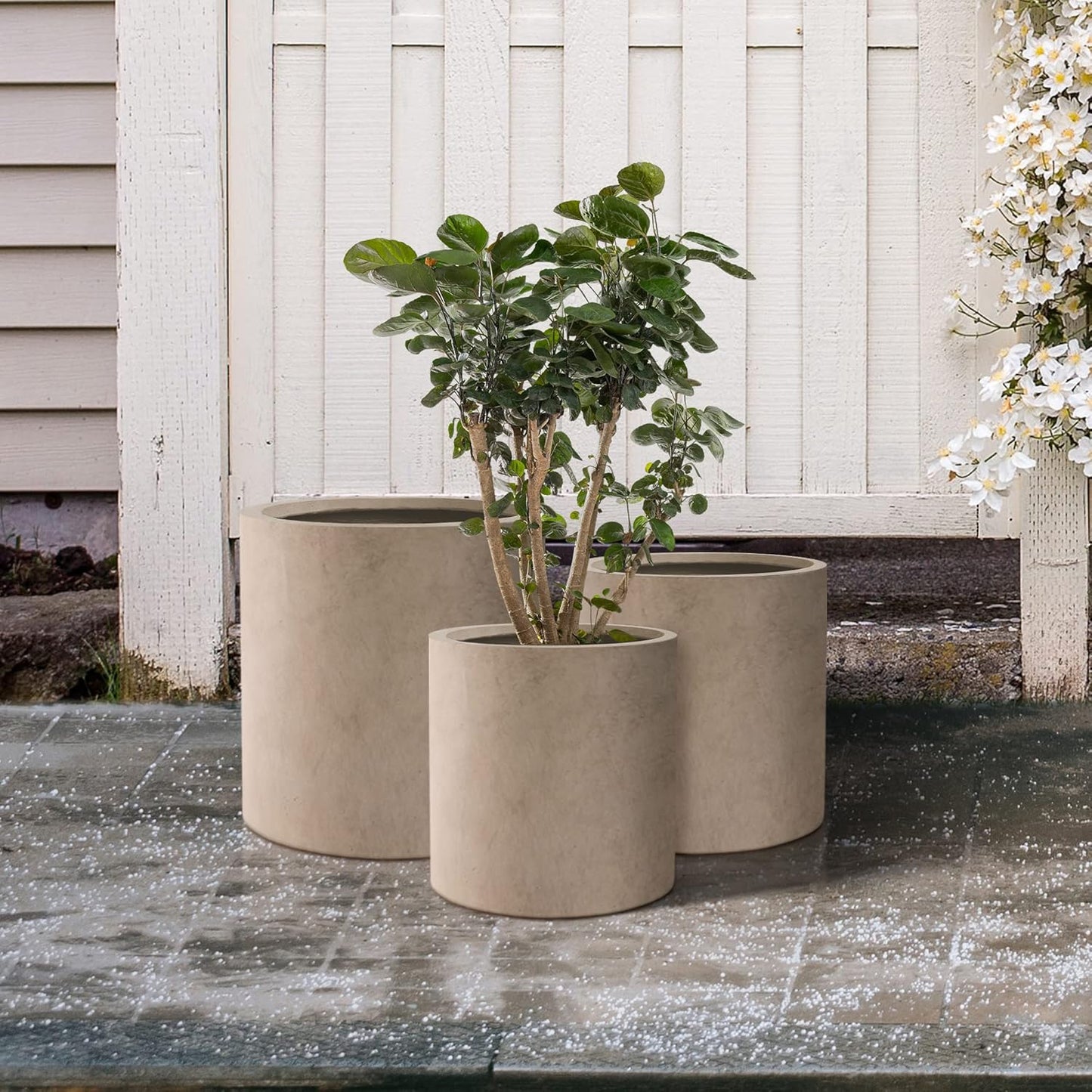 Kante 9.8",12.6",15.7" Dia Round Concrete Planter Set of 3, Modern Style Large Cylindrical Plant Pot with Drainage Hole and Rubber Plug for Indoor Outdoor Patio, Weathered Concrete