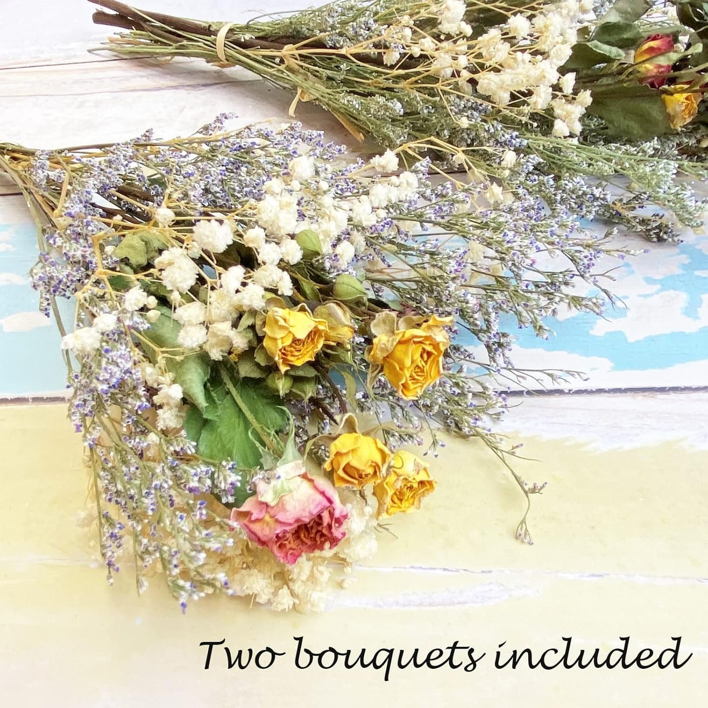 L'BREVOGA Dried Flower Spray Rose Bouquets, 2 Bunches 100% Natural Flowers, Miniature Roses with Baby’s Breath for Decoration Home Party (Spray Rose)