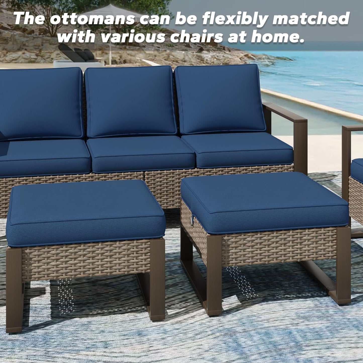 Patio Metal Wicker Ottoman Set of 2, Outdoor PE Rattan Footstools with Removable Cushions & Wood-Looking Metal Steel Framed Legs for Garden Backyard Porch Deck, Dark Blue