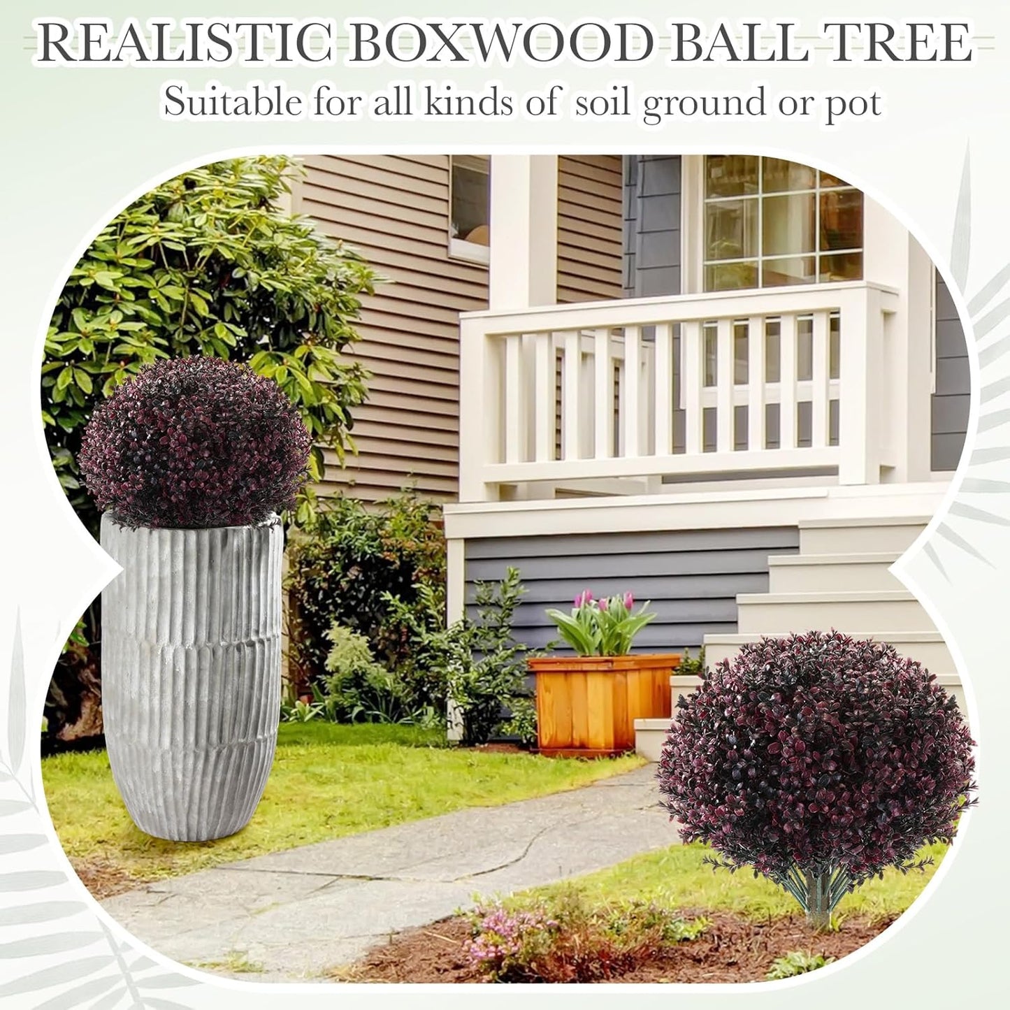 Yunlly 4 Pack 18" Artificial Boxwood Ball Bush Topiary Trees Fake Outdoor Plants, Realistic UV Resistance Faux Shrubs with Spike Greenery Topiary for Front Porch Garden Yard Patio Indoor (Dark Purple)