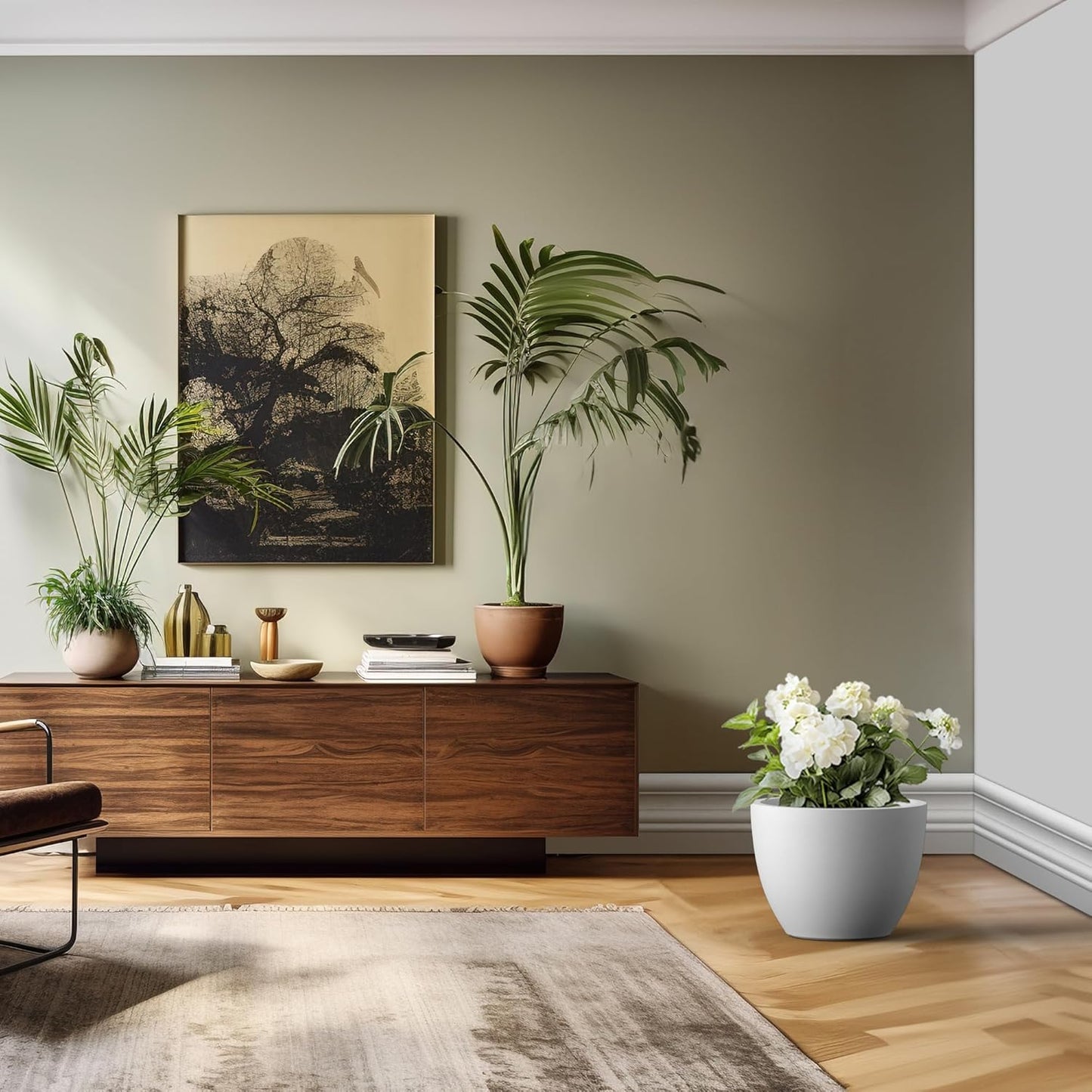 Kante 17.3 Inch Round Concrete Planter - Classic Large Indoor/Outdoor Plant Pot with Drainage Hole and Rubber Plug, Suitable for Gardens and Patios, White Finish with Aqua Blue Interior