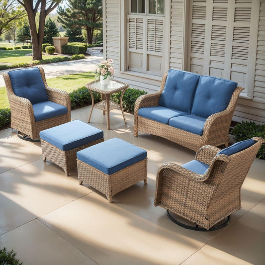 Outdoor Wicker Patio Furniture Set - 6 Piece Rattan Patio Conversation Set with 2 Rocking Swivel Chairs,2 Ottomans,1 Loveseat and 1 Side Table for Porch Deck Backyard Garden(Yellow/Blue)
