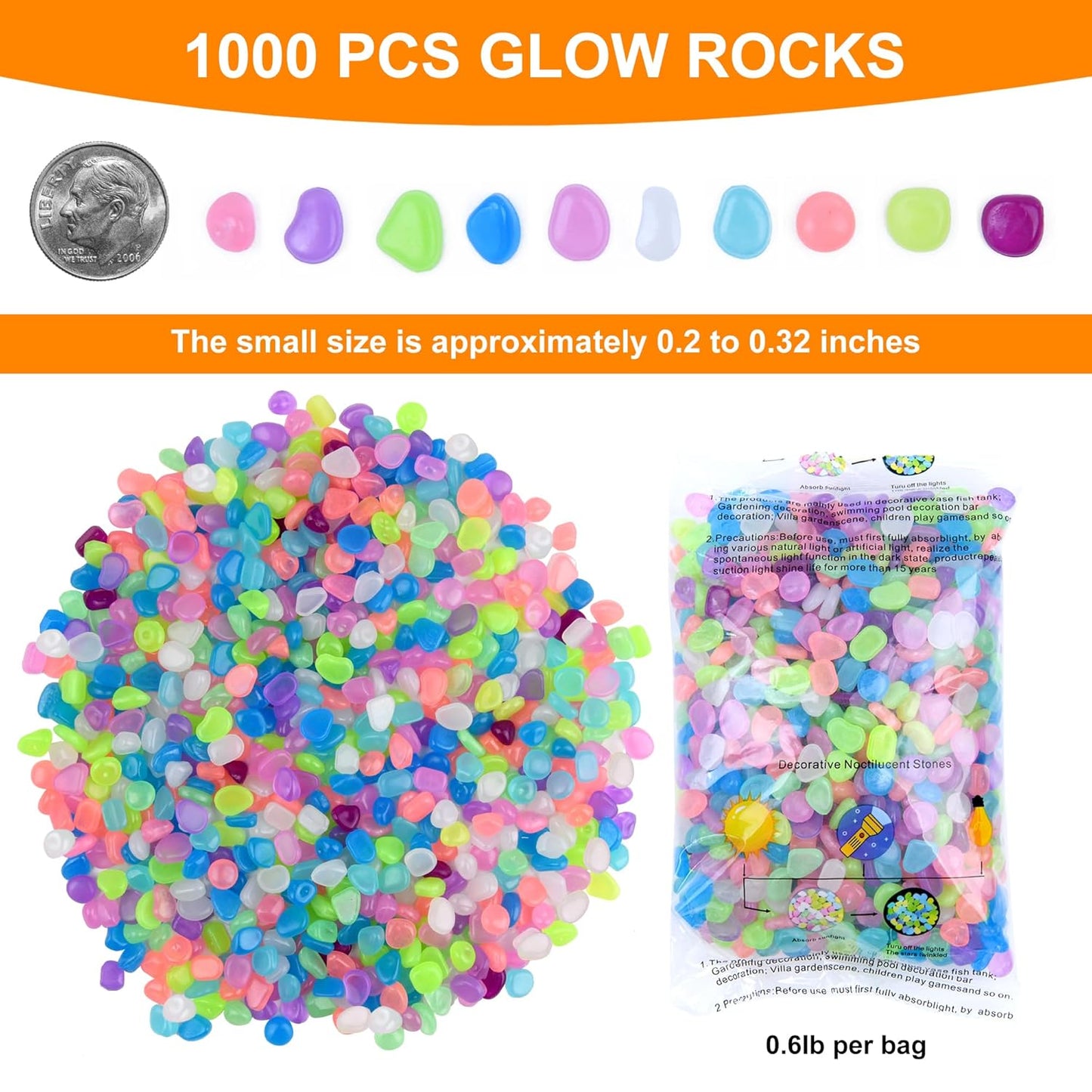 Oubest Glow in The Dark Rocks for Outdoor Landscaping, Decorative Garden Pebbles, Luminous Stones for Vases, Pathway, Walkway, Yard, Patio, Glowing Gravel for Fountain, Driveway, 1000PCS, Multicolor