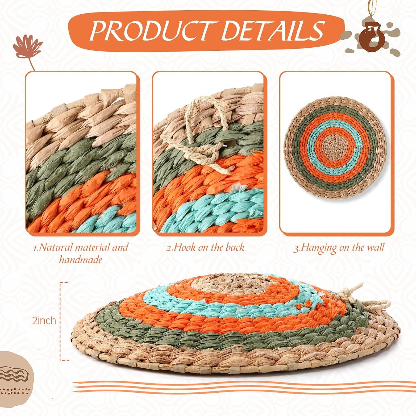 15 Pcs Boho Wall Basket Decor Woven Rattan Seagrass Wall Decor Hanging Rustic Farmhouse Western Art Decoration for Nursery Living Room Bedroom Home Kitchen(Orange Style)