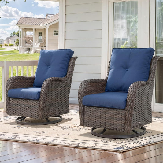 Outdoor Swivel Rcoker Patio Chairs - Outdoor Swivel Patio Chairs Set of 2 Wicker Chair Patio Furniture Sets with Covered Cushion for Porch Deck Balcony Garden, Blue