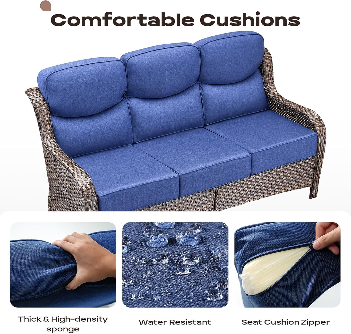 Wicker Outdoor Patio Furniture Set - 7 Piece Patio Conversation Sets with Swivel Rocker Chairs, Ottomans and Sofa, 6 inch Cushions, Waterproof Wicker, for Porch Deck Brown/Blue