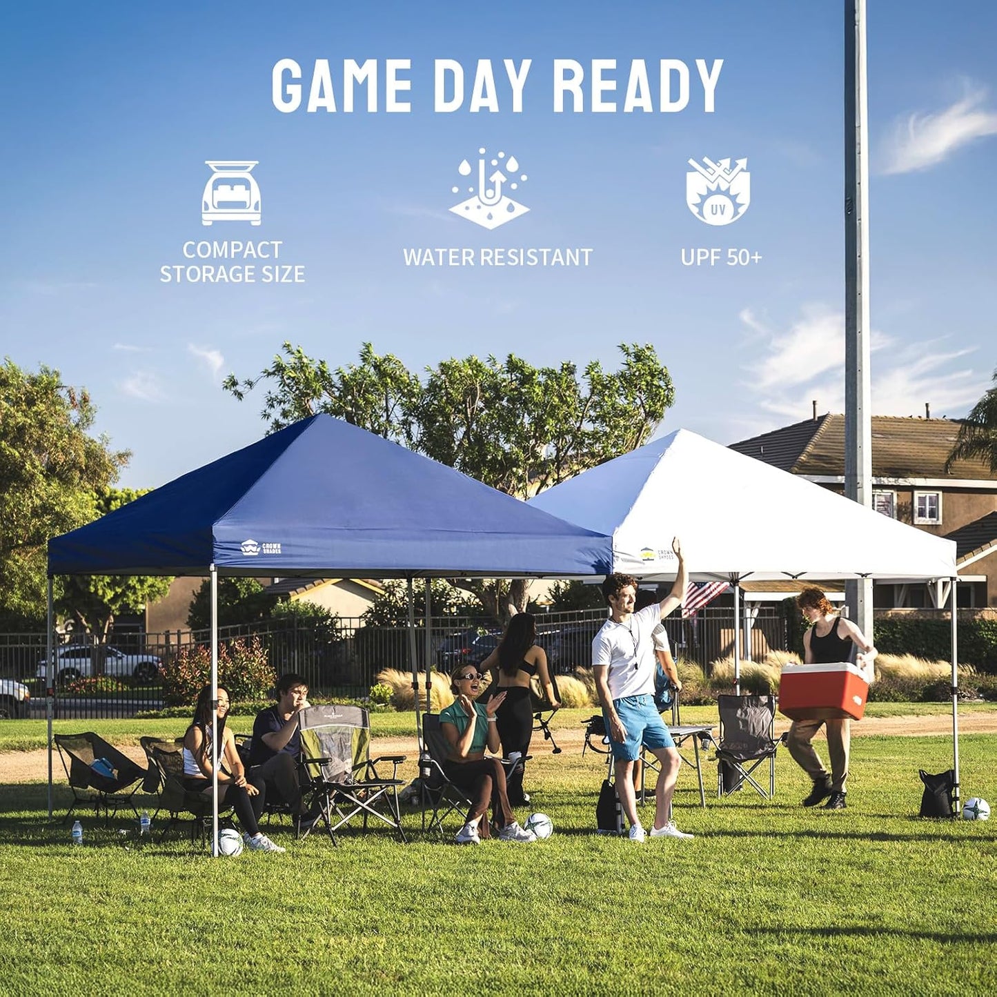 CROWN SHADES 8x8 Pop Up Canopy, Patented Center Lock One Push Instant Popup Outdoor Canopy Tent, Newly Designed Storage Bag, 8 Stakes, 4 Ropes, Silver-Coated Navy Blue