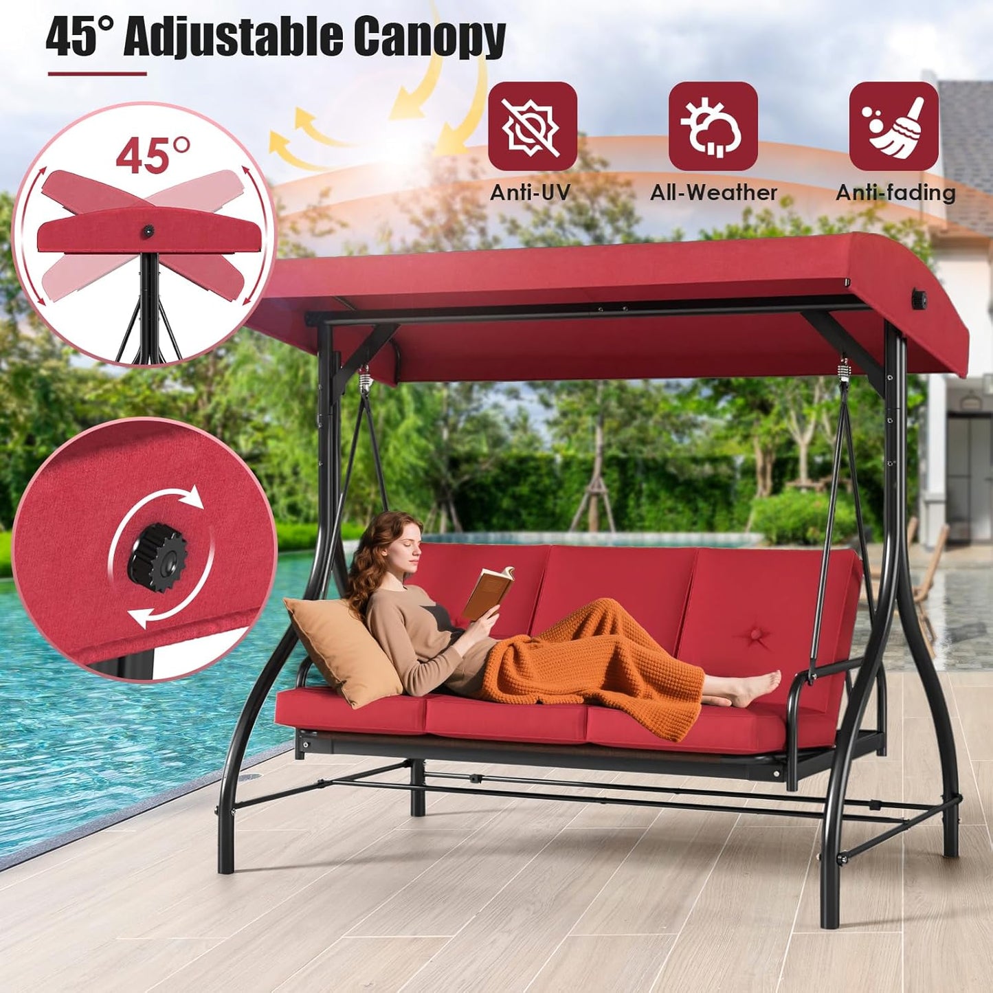 MAMIZO 3-Seat Outdoor Patio Swing, Porch Swings, Backrest Bench Sets, Glider Swing Bed Chair W/Adjustable Canopy, Thickened Removable Cushions, for Outside Backyard, Garden, 750LBS(Burgundy)