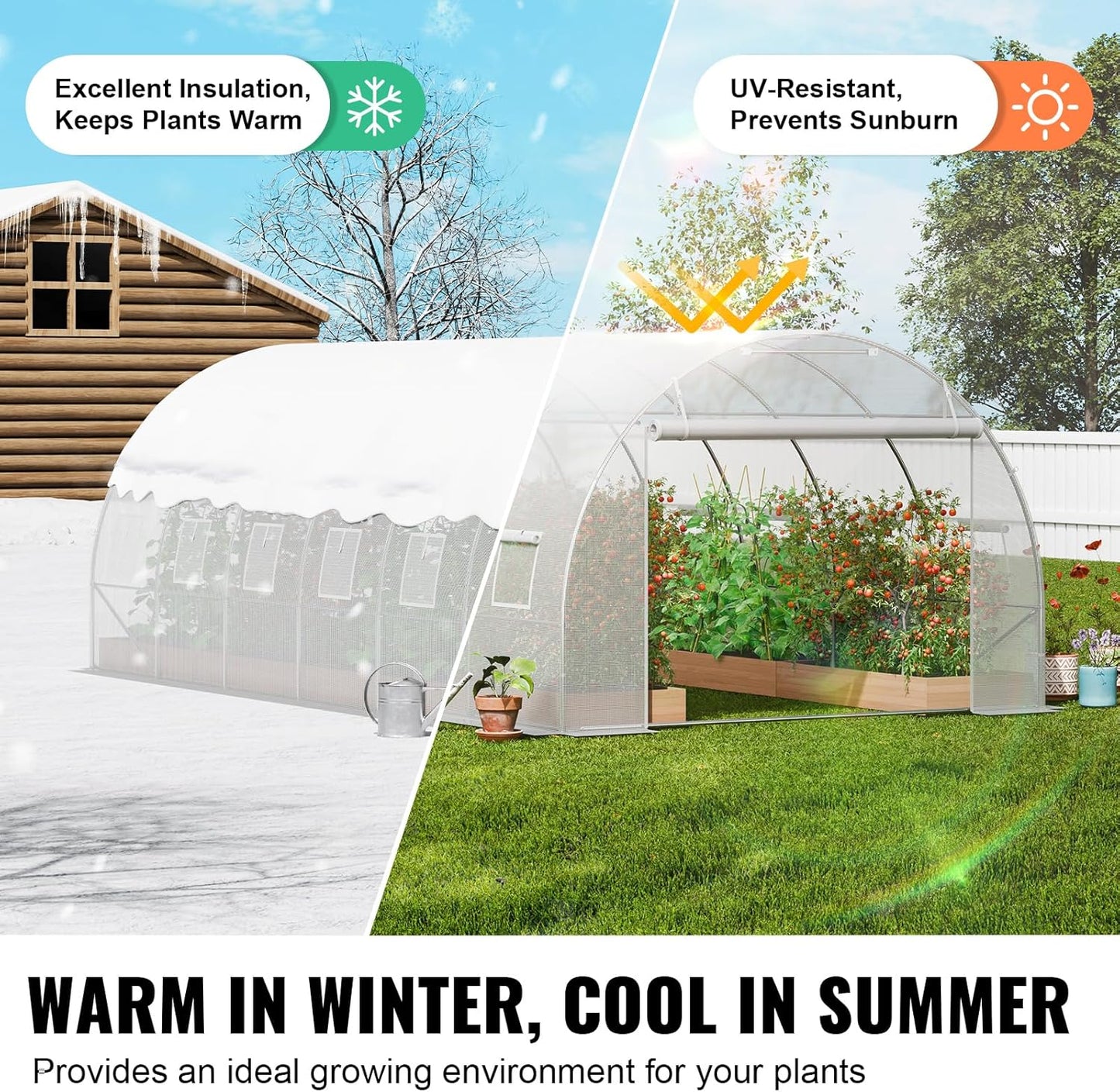 VEVOR Walk-in Tunnel Greenhouse, 19.4x9.7x6.5 ft Hoop House Greenhouse Tunnel, Plant Hot House with Galvanized Steel Frame, White PE Cover, Roll-up Zipper Door and 12 Windows for Outdoor