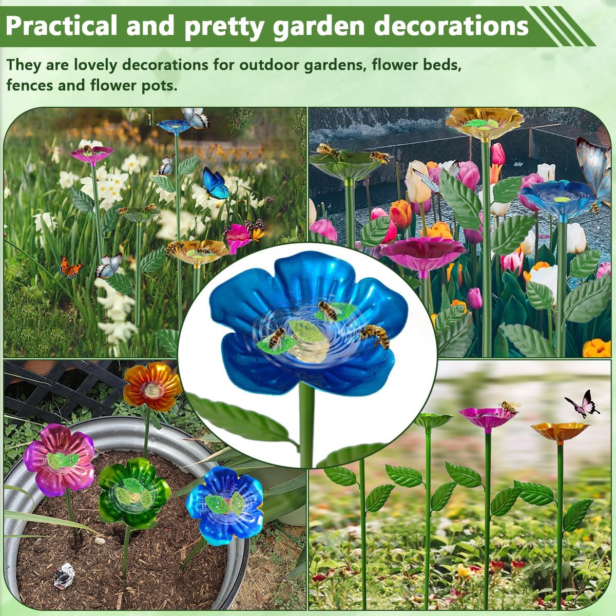 4 Pack Bee Watering Station for Garden, Metal Flower Colorful Butterfly Water Feeders, Butterfly Bath Bowl, Pollinator Watering Stake Decor for Outdoor Yard (Pink,Green,Blue,Orange)