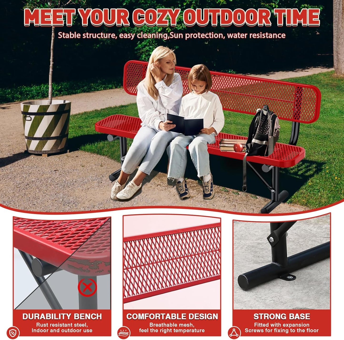 6Ft Heavy Duty Park Bench with Back Portable Frame, Outdoor Steel Bench with Backrest, Expanded Metal Mesh Bench for Lawn, Park, Deck, Garden, Patio, Porch, Red