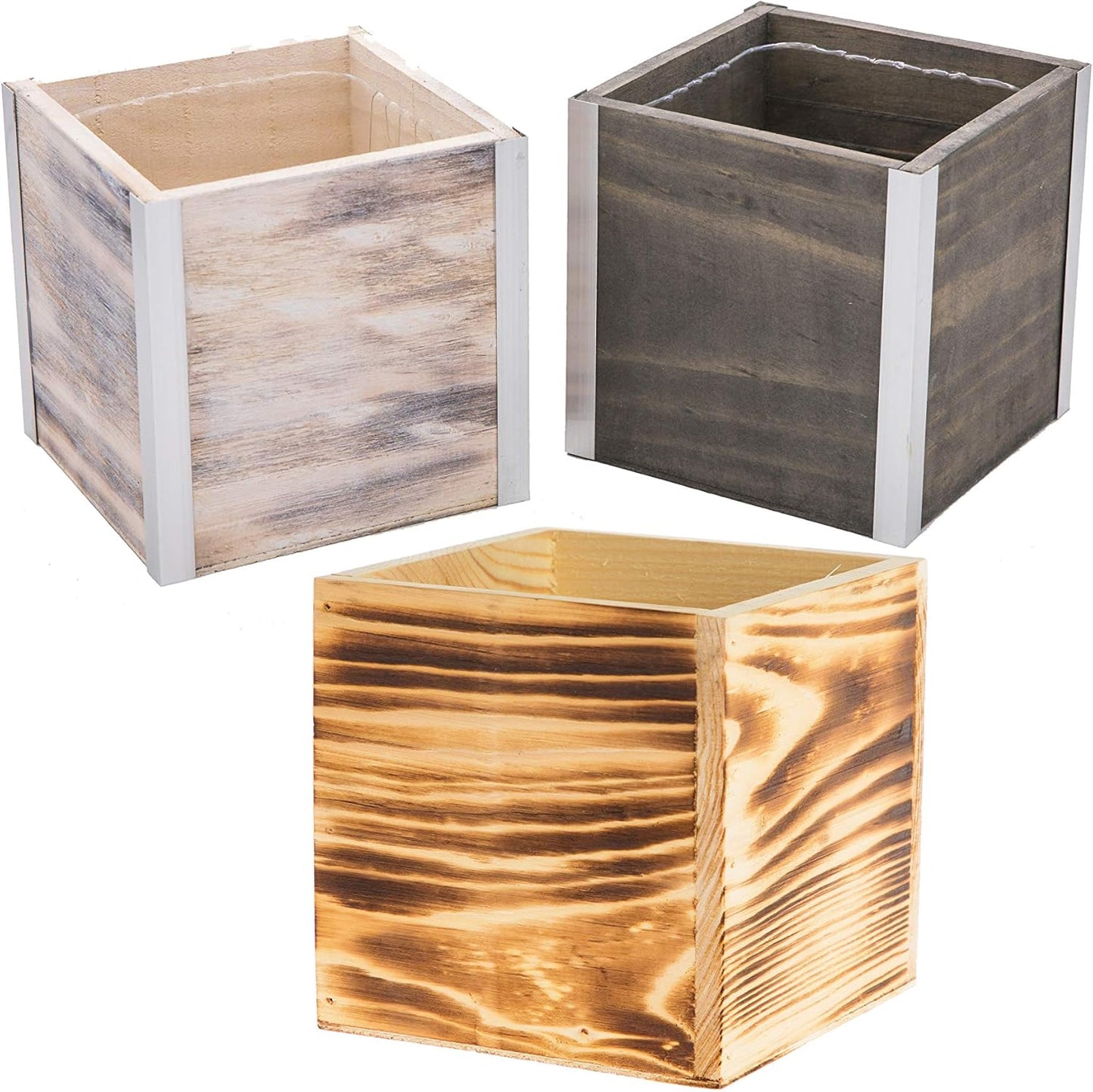 Wooden Planter Box, Rustic Burned Wood/Whitewash with Plastic Liner l Garden Decor l Restaurant and Wedding Decorations l Wood Box (5x5 Set of 4, Burned Wood)