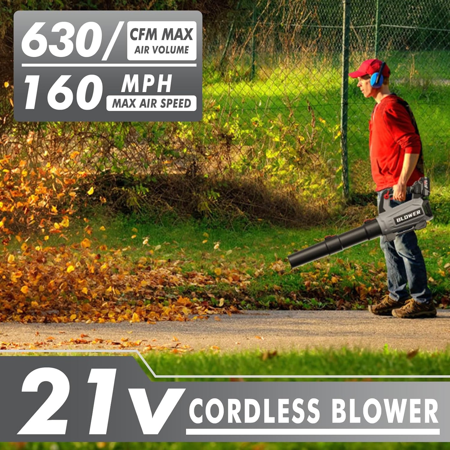Leaf Blower Cordless (Upgraded) - 630CFM/160MPH, 21V Powerful Electric Cordless Leaf Blower with 2 x 4.0Ah Batteries and Charger, Battery Powered Leaf Blowers for Lawn Care, Patio, Yard, Dust, Snow
