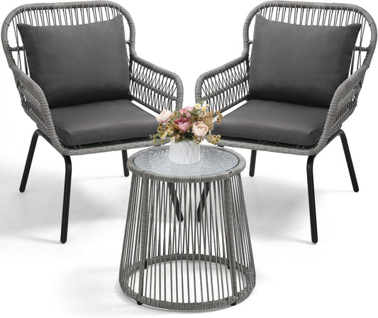 3 Pieces Rattan Wicker Bistro Set, Outdoor Conversation Set, Wicker Rattan Furniture Set with Glass Top Table, Space Saving for Balcony, Backyard, Grey