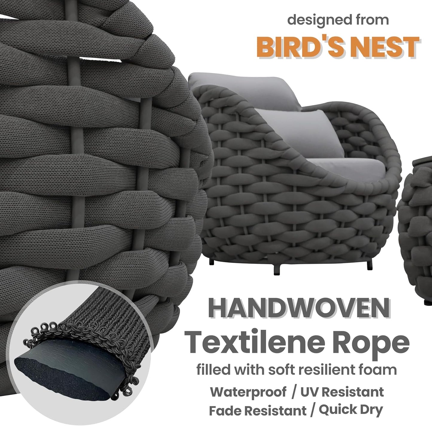 4 Pieces Courtyard Seating Set: Aluminum Woven Rope Patio Furniture Chair Set - All Weather Metal Outdoor Conversation Set - Assembled Armchair w/Table for Bistro Deck Porch Balcony Apartment