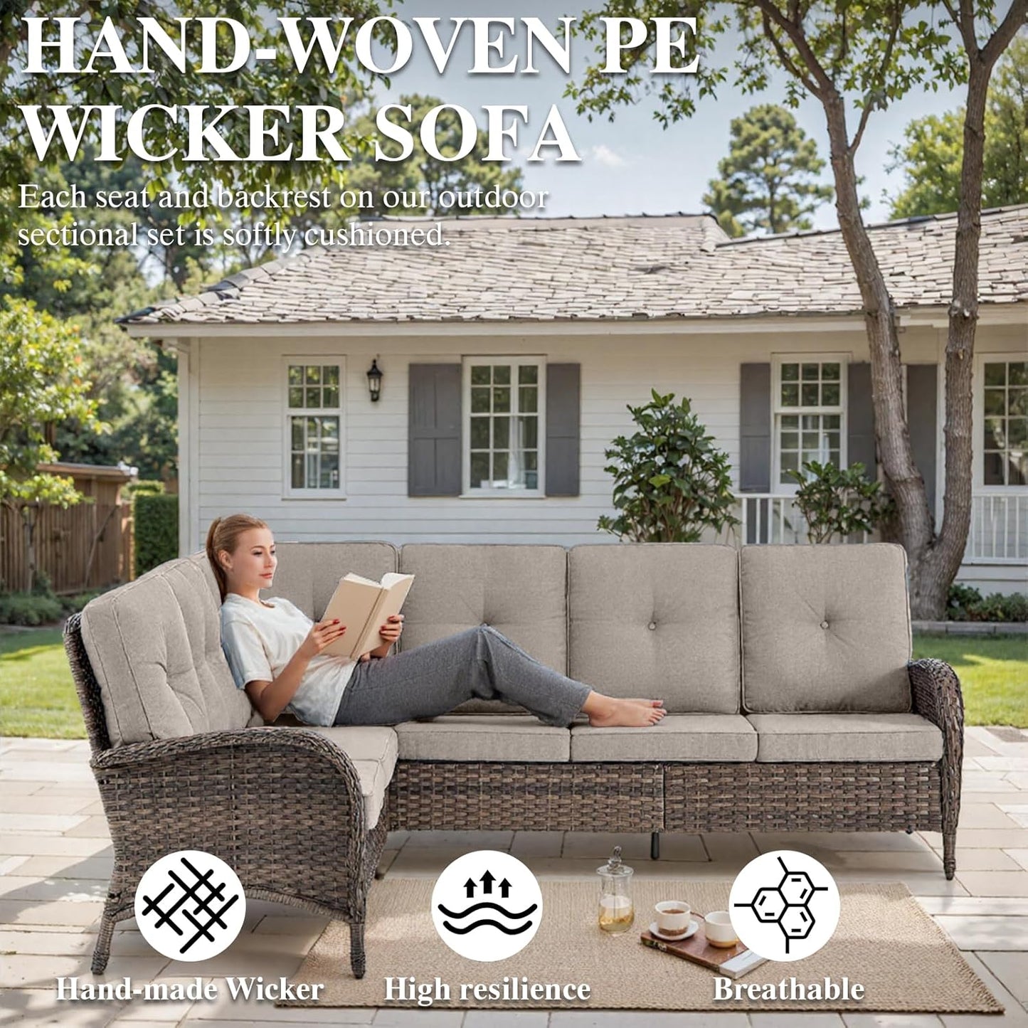 HUMMUH Outdoor Patio Furniture Set,L-Shaped Sectional Couches with Swivel Patio Chairs,Wicker Conversation Set for Deck,Backyard,Porch,Garden