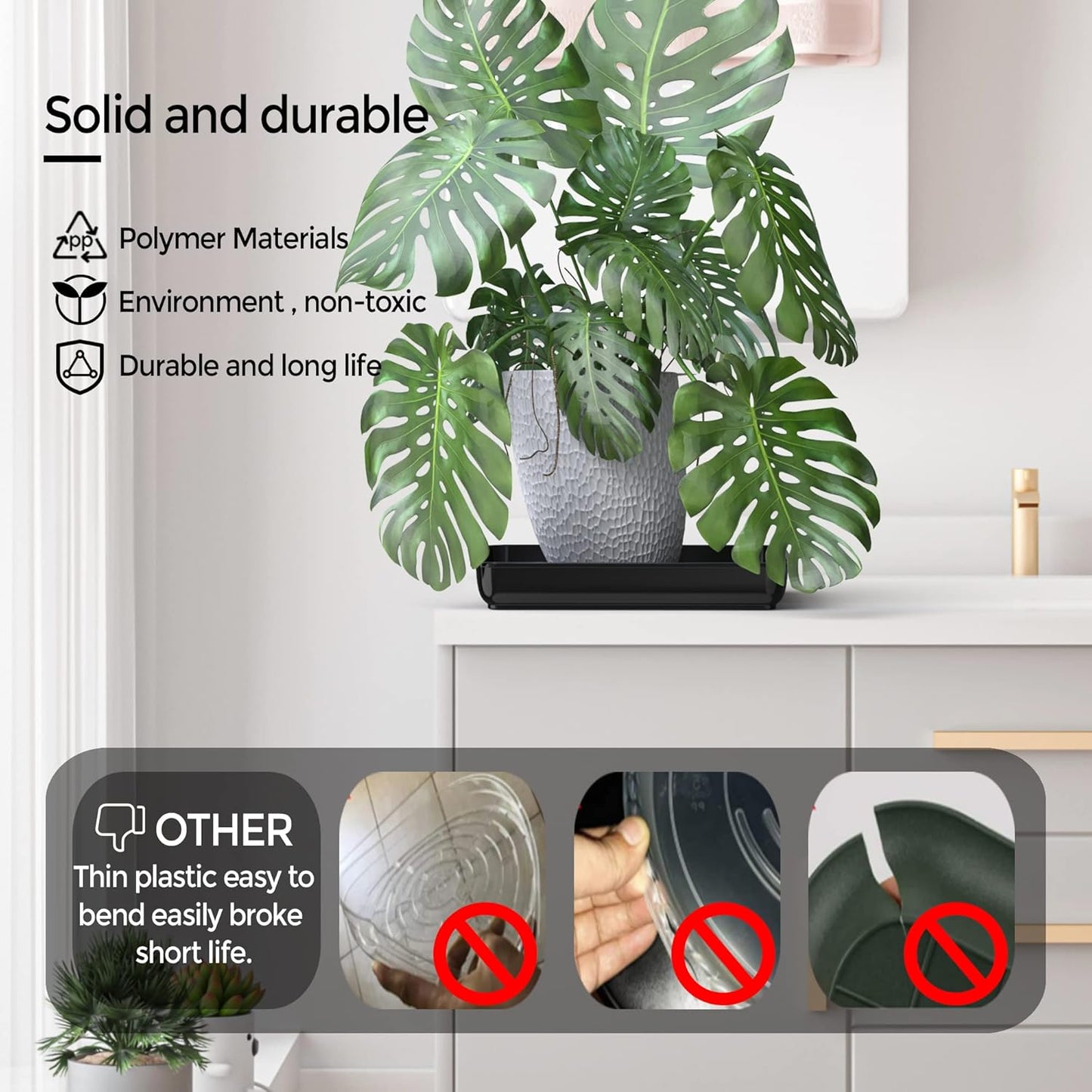 WAYNHUI Squared Plant Saucer 6/8/10/12/14/16/18/20inches Square Plastic Basin Tray Large/Small Water Receiving Tray (Black 12inch 5pack)