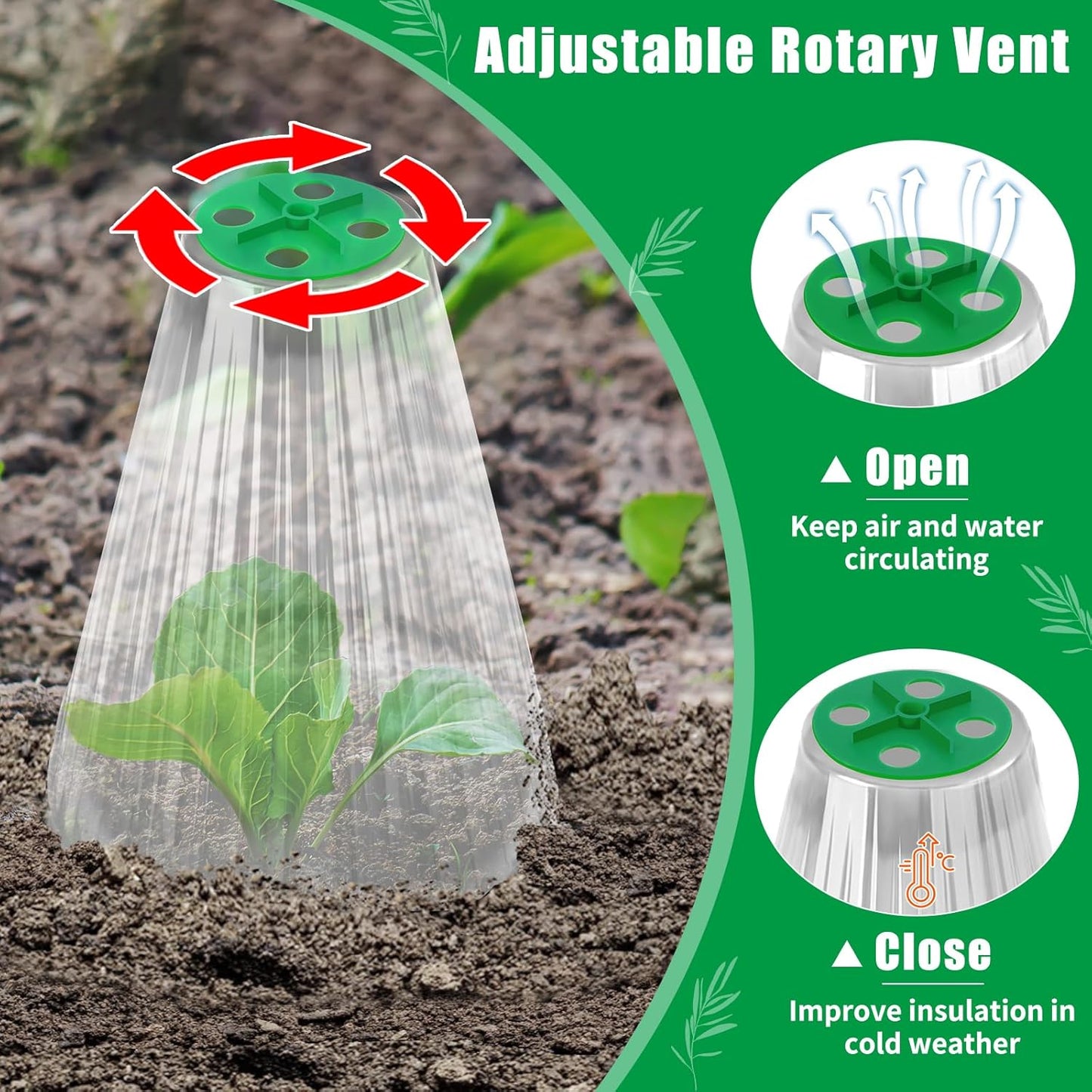 UQM 30 Pack Garden Cloches for Plants, Reusable Bell Plant Protector with Rotary Vent Cover, Garden Protection from Animals Snails Birds Chickens Insect, 9.44" H X 8.07" D (Clear)