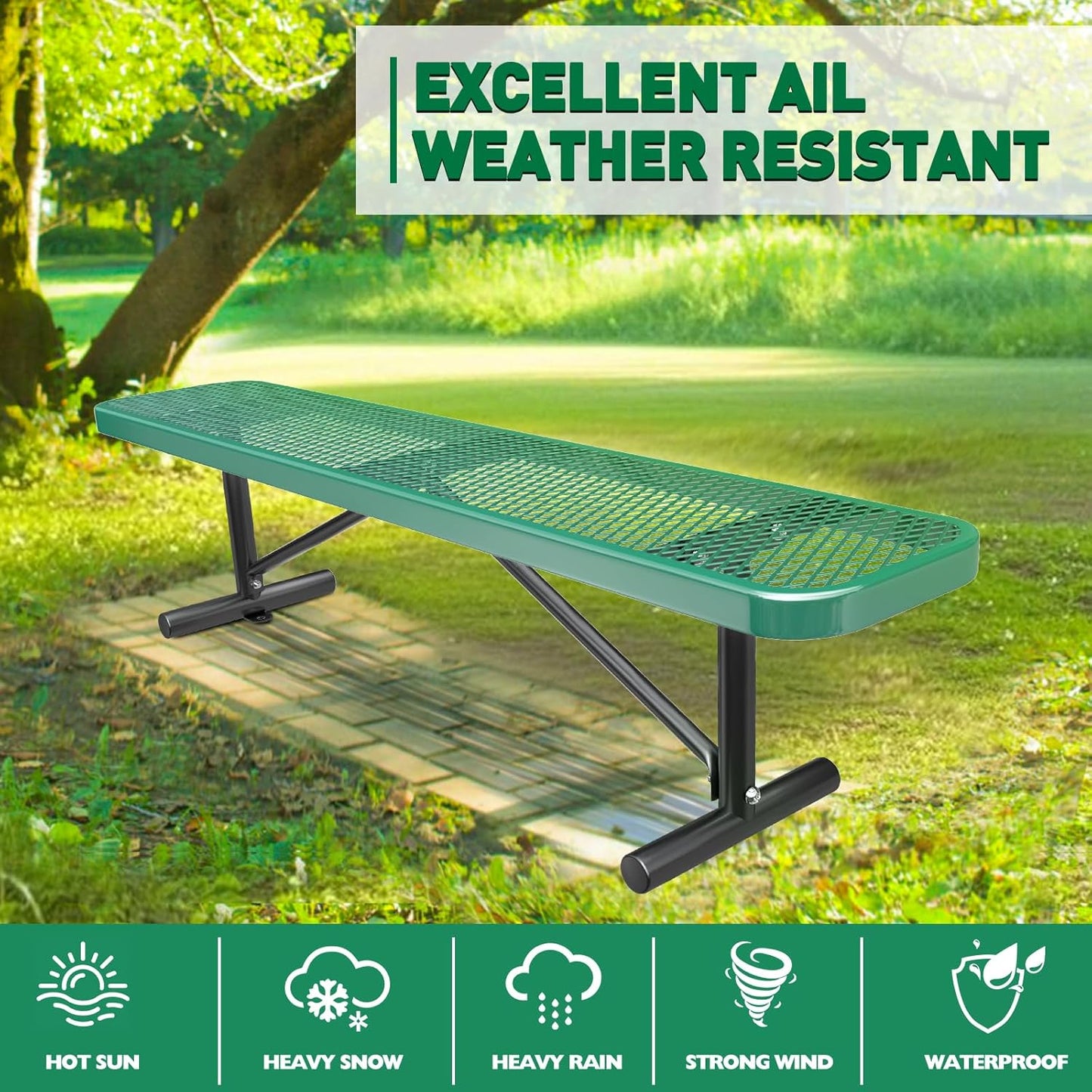 Thermoplastic Coated Iron Park Bench for Outside, Heavy Duty Metal Garden Bench, Expanded Commercial Grade Seating for Shopping Malls, Lawn Yard Porch Entryway (Green without Backrest, 72IN)