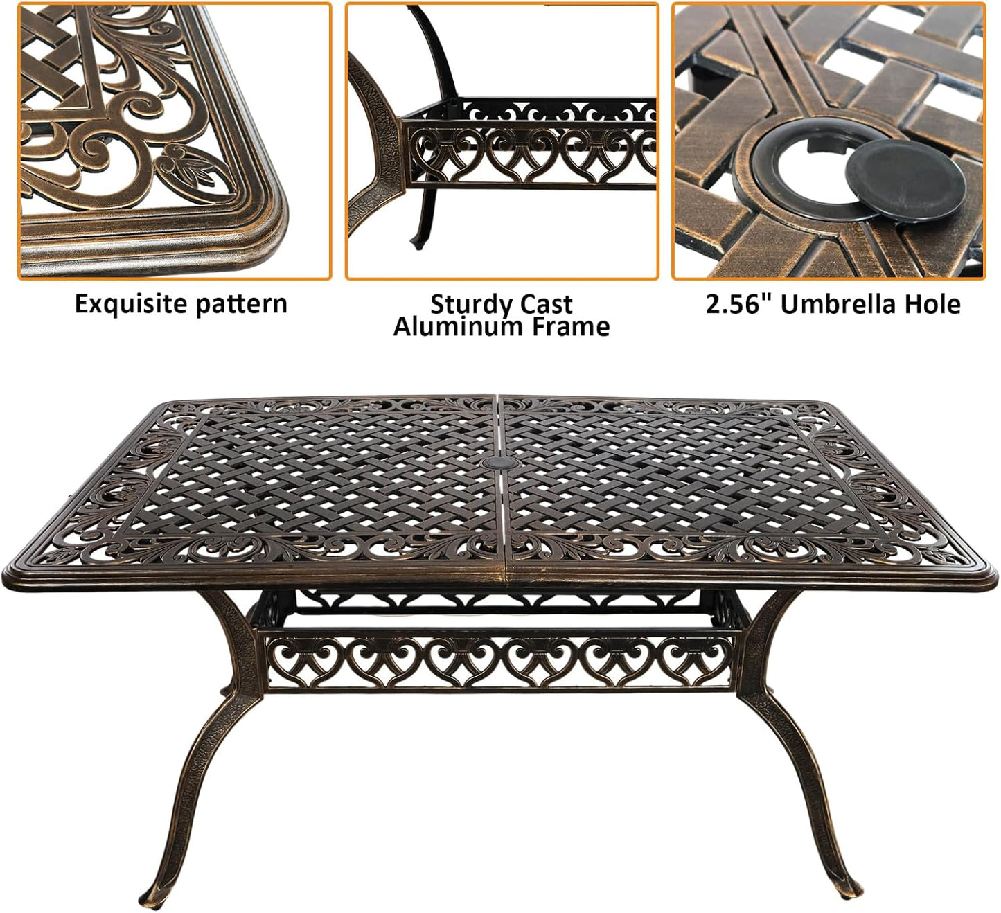 Outdoor Patio Dining Set Cast Aluminum 7 Piece Patio Bistro Dining Set,Metal Rectangular Patio Table and Chairs Set for 6 Person with Umbrella Hole,Patio Furniture Sets for Garden,Bronze