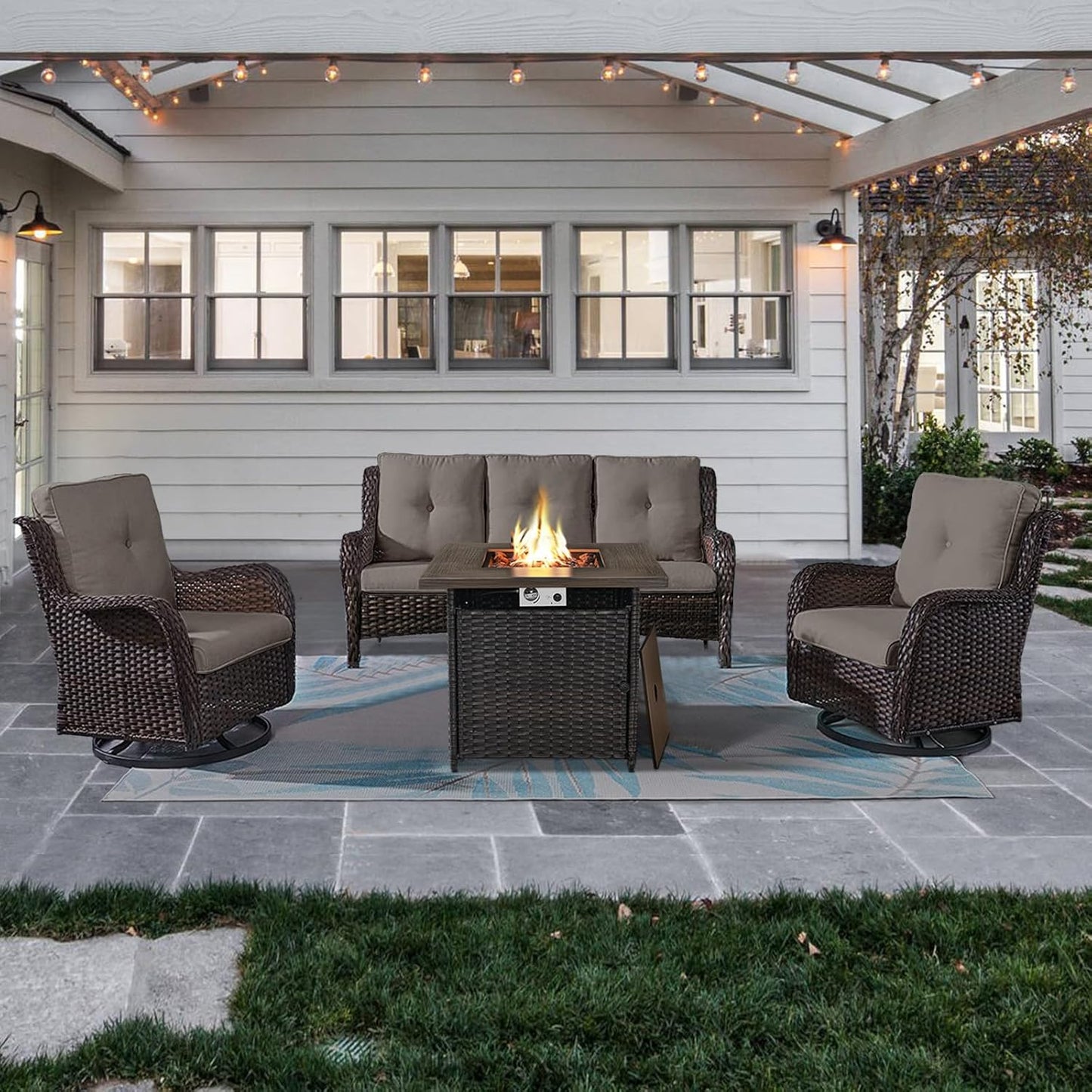 Outdoor Patio Furniture Set with 50000BTU Propane Fire Pit Table, 4 Pieces Wicker Patio Conversation Set with 2 Swivel Rocker Glider Chairs Rattan Sofa Grey Cushion Perfect for Gathering