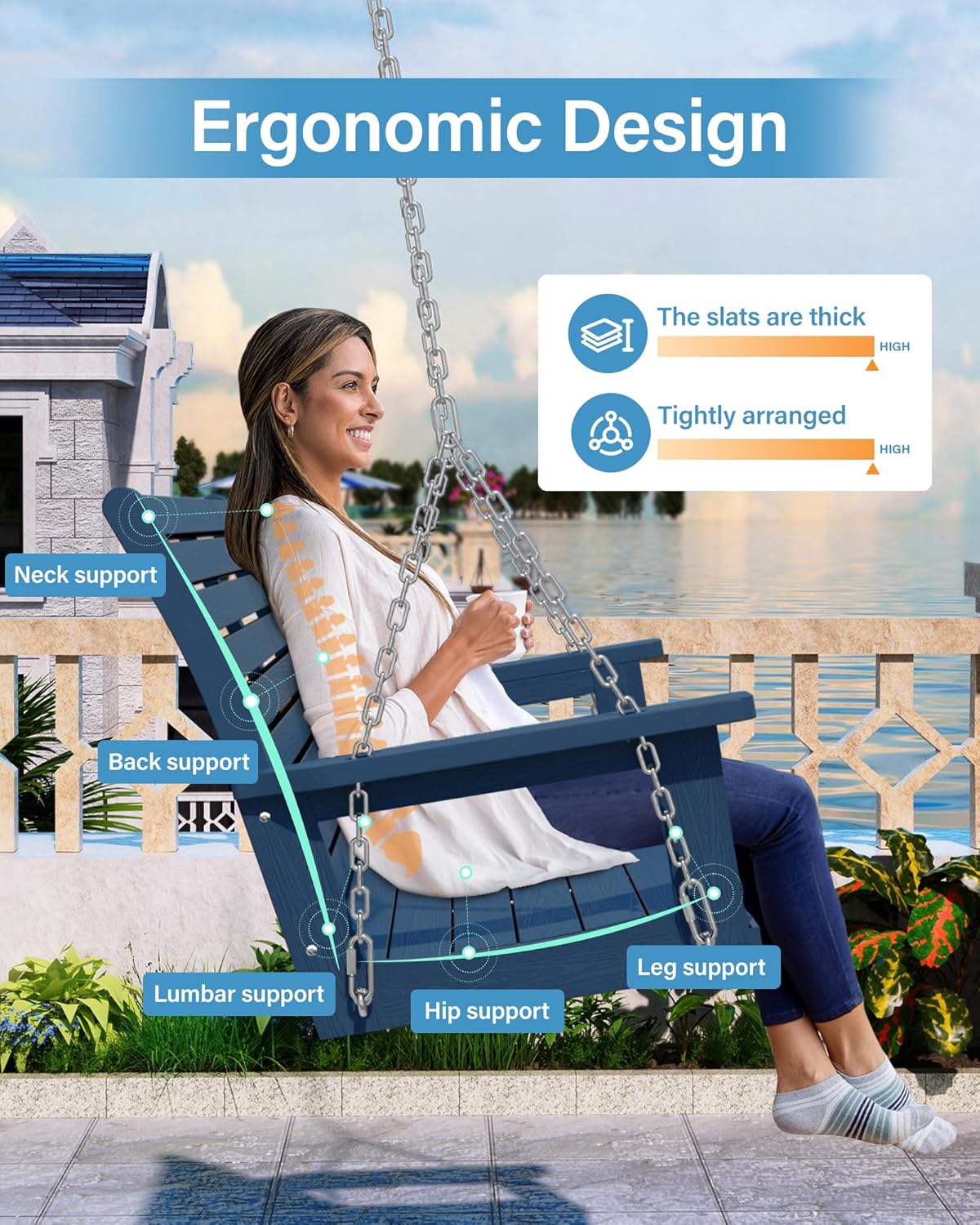 YEFU Hanging Porch Swing Outdoor,2-Seat Patio Swing Bench,All-Weather Swing Chair with Hanging Chains,Look Like Real Wood,for Garden and Courtyard,660LBS Weight Capacity,4FT,Navy Blue