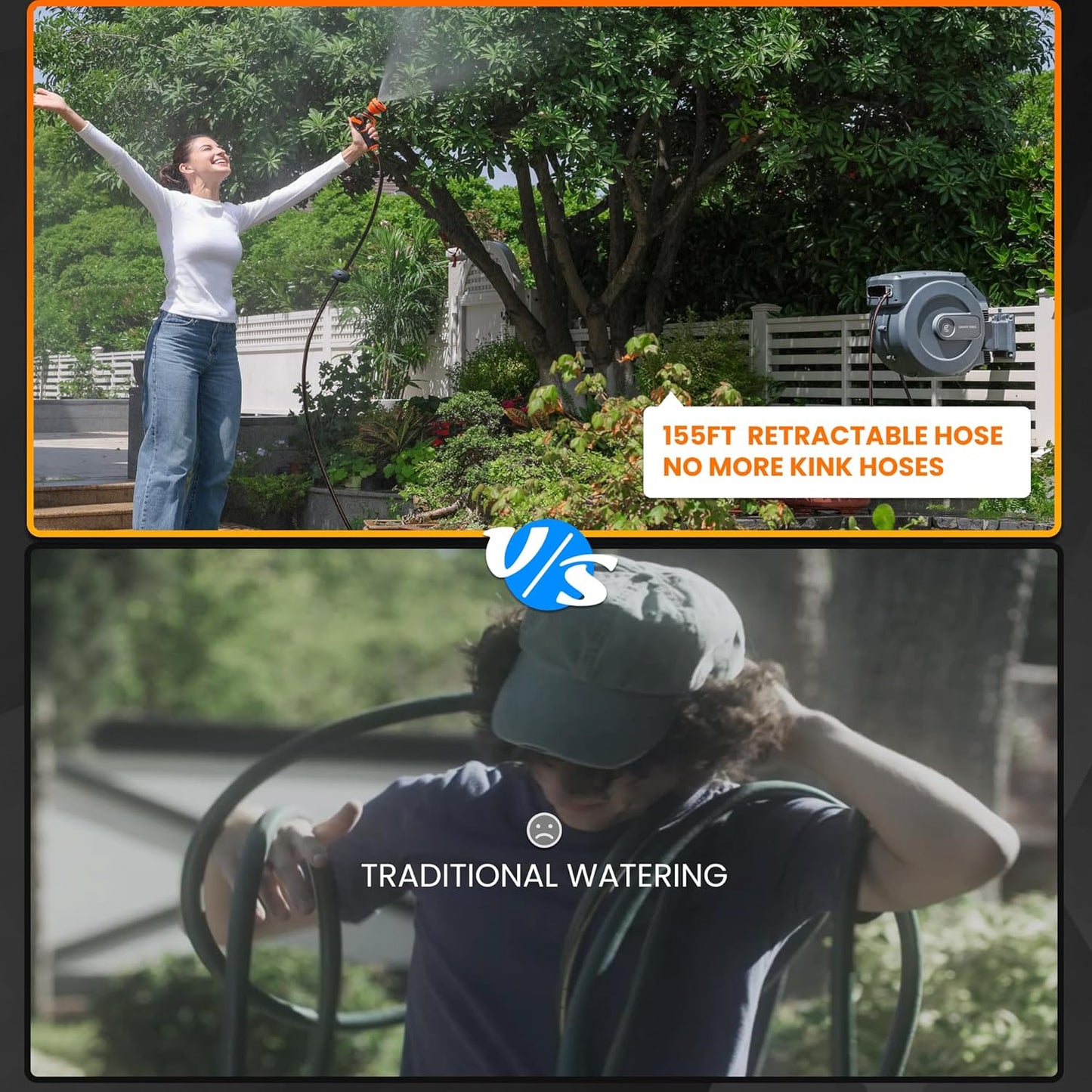 Giraffe Tools Retractable Garden Hose Reel 1/2 Inch x 155 with 5 ft Leader Hose, Heavy Duty, Any Length Lock, Slow Return System, Wall Mounted and 180 Deg Swivel Bracket