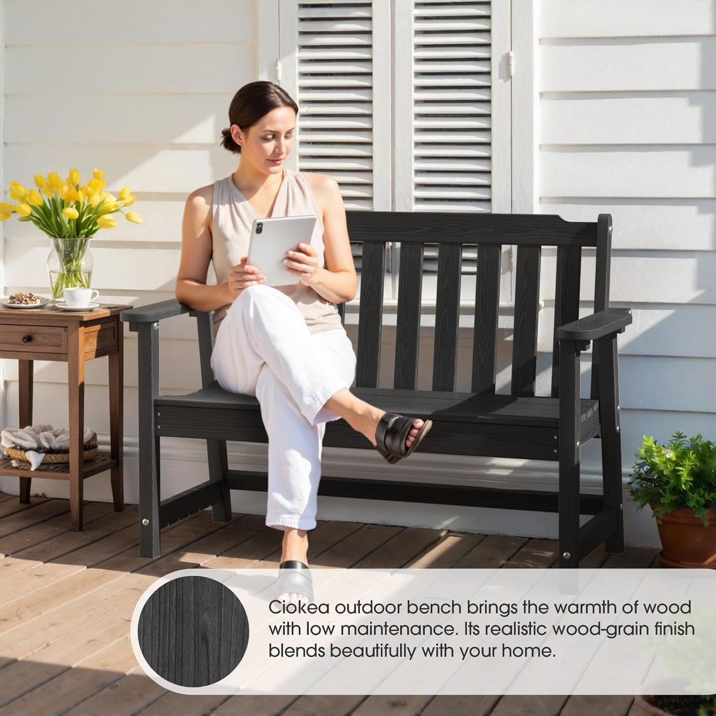 Ciokea 46" Heavy Duty Outdoor Bench Set of 2, HDPE Weatherproof Garden Bench, 2-Person Memorial Benches with 660 Lbs, Waterproof Patio Porch Benches for Outside Business Deck Office Backyard, Black