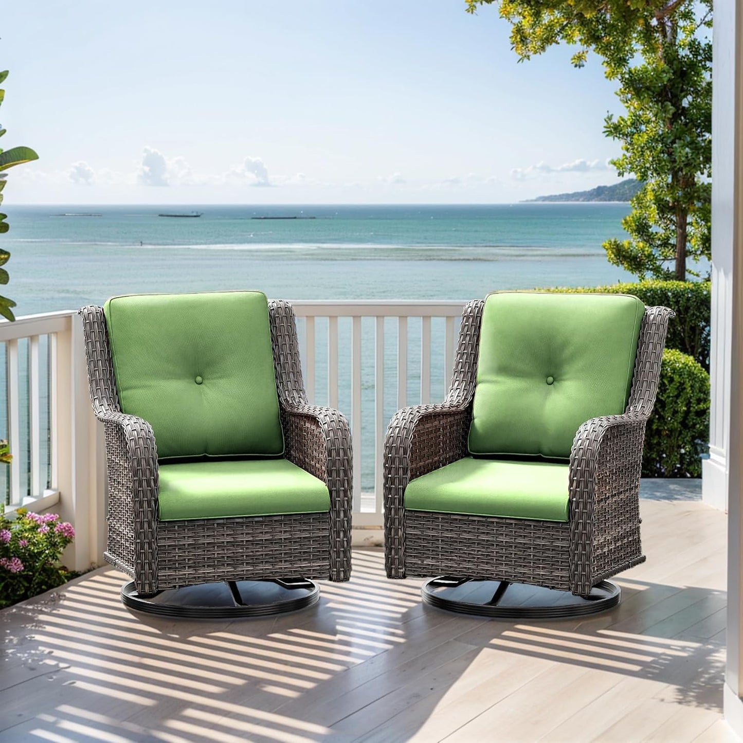 Outdoor Swivel Rocker Patio Chairs Set of 2 - Outdoor Wicker Patio Conversation Sets 2 Pieces with Olefin Fabric Cushions Suitable for Backyard Deck and Porch, Green