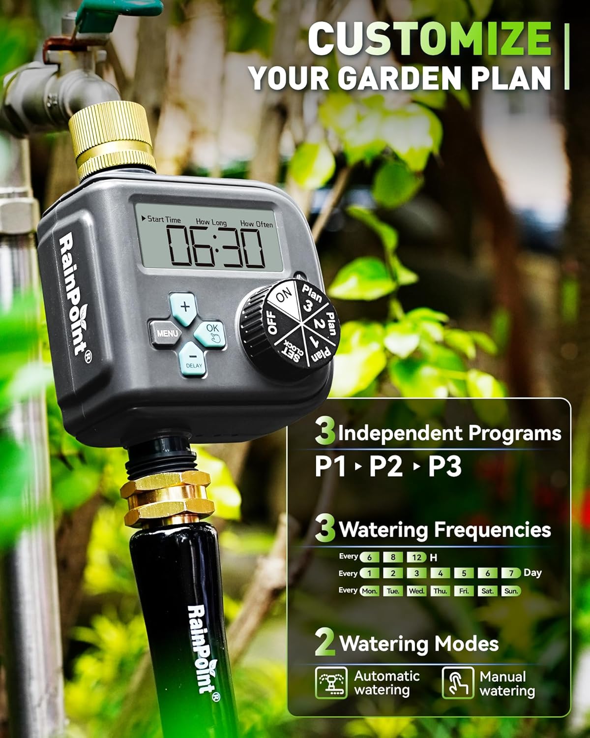 RAINPOINT Sprinkler Timer with 3 Different Programs, Waterproof Hose Timer Brass Inlet with Rain Delay/Manual/Automatic Irrigation System, 1 Outlet
