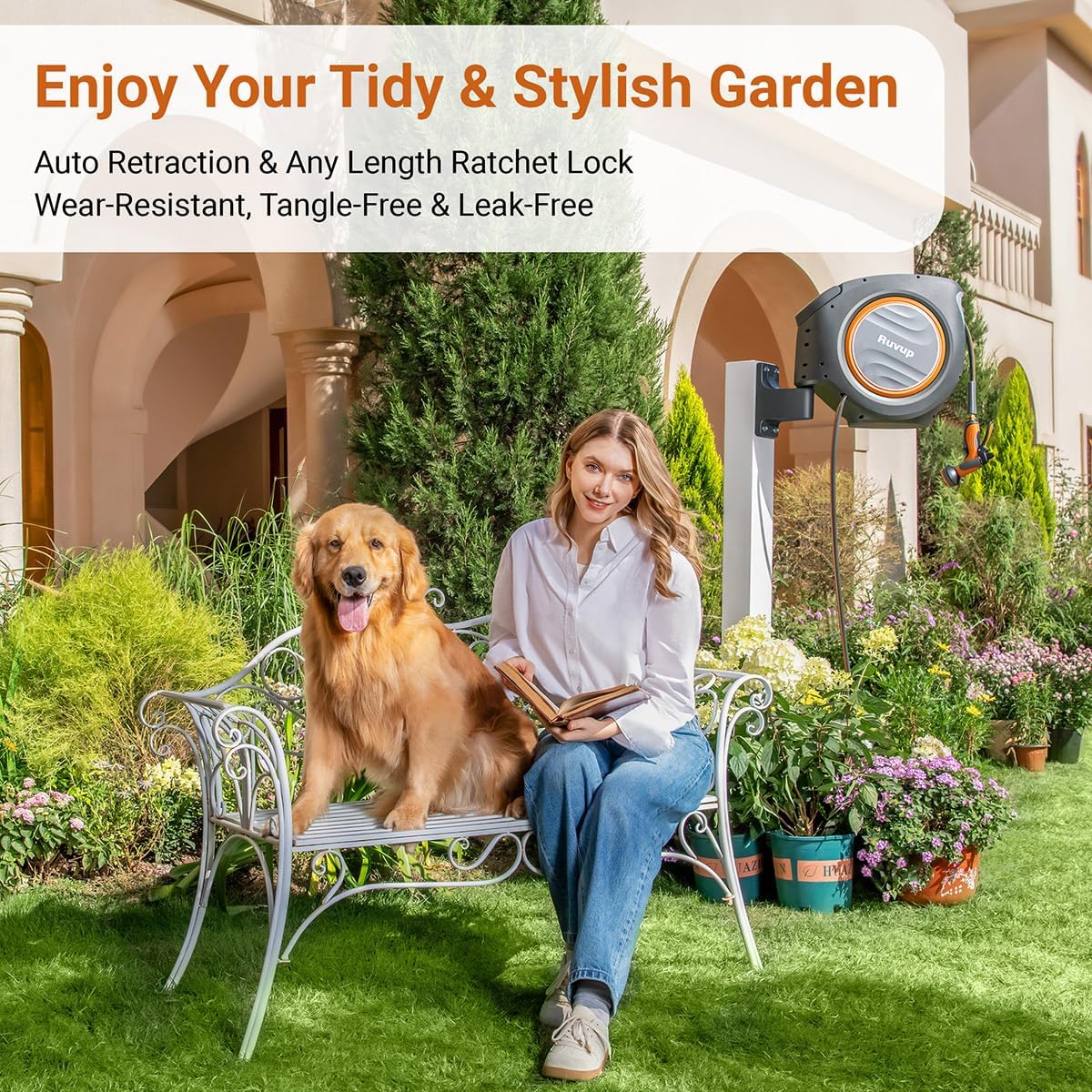 Ruvup Retractable Garden Hose Reel, 5/8in x 100ft Water Hose Reel with Metal Bracket, UV Resistant Automatic Hose Reel Wall Mount for Outside, Slow Retraction Any Length Lock 10 Spray Nozzle