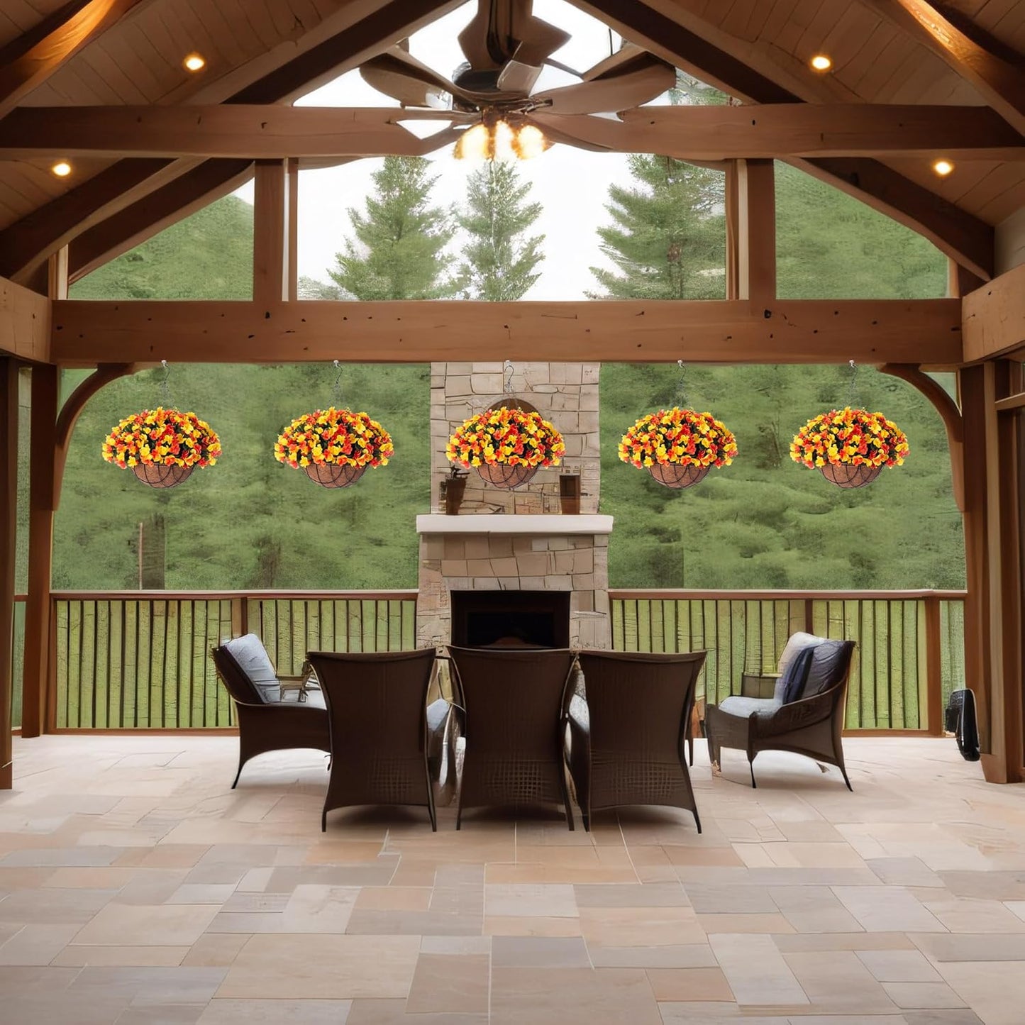 Fall Artificial Hanging Flowers with 12" Basket for Outdoor Decor, Fake Hydrangea UV Resistant Arrangements in Pot Planter Decor for Autumn Porch Garden Yard(OrangeYellow)