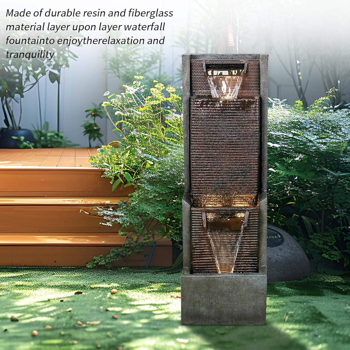 Outdoor Garden Waterfalls Fountains with Led Lights Water Fountain Outdoor/Indoor Resin Fountain for Patio Decor Garden, House, Office, Garden, Home Art Decor