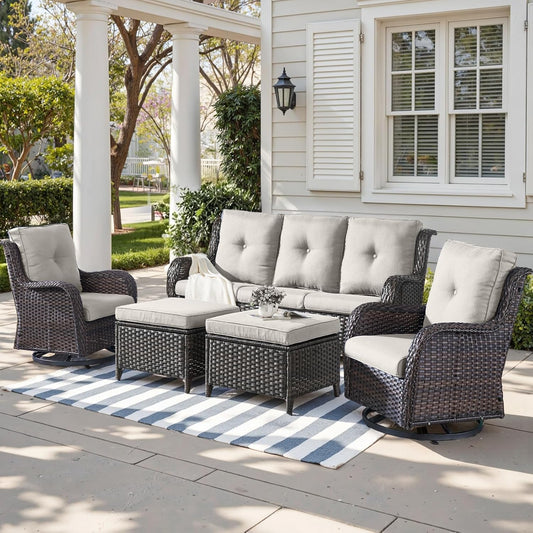 Outdoor Wicker Patio Furniture Set - 5 Piece Rattan Patio Conversation Set with 2 Rocking Swivel Chairs,2 Ottomans and 1 Sofa for Porch Deck Backyard Garden(Brown/Beige)