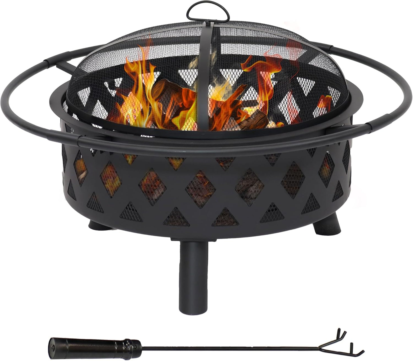 Sunnydaze Crossweave Outdoor Fire Pit - Wood-Burning Fire Pit for Outside with Spark Screen, Poker and Round Cover - 30-Inch - Black