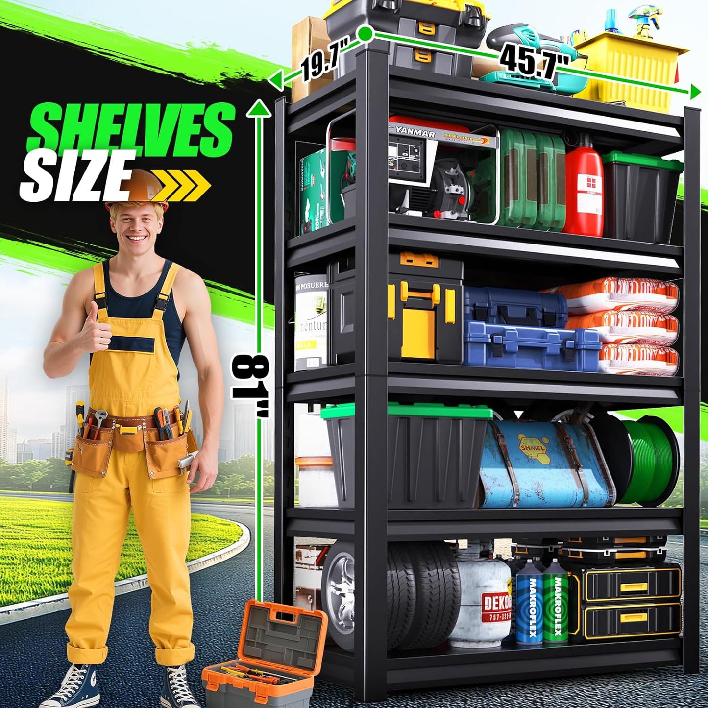 81”H Garage Shelving 2500LBS Adjustable Storage Shelves,5 Tier Metal Steel Heavy Duty Shelving Unit, Industrial Utility Rack Shelf, Storage Organize for garage, Basement ,Black ,81''H*45.7''W*19.7''D