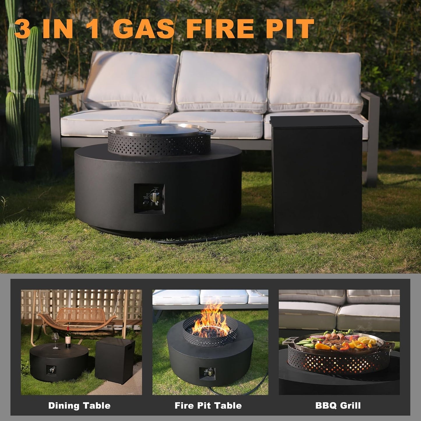 3-Piece Outdoor Fire Pit Table, 32 Inch Propane Fire Table 65,000 BTU Black Round Gas Firepit, Baking Sheet, Wind Guard and 16 inches Tank Side Table for Deck, Backyard and Pool, Black
