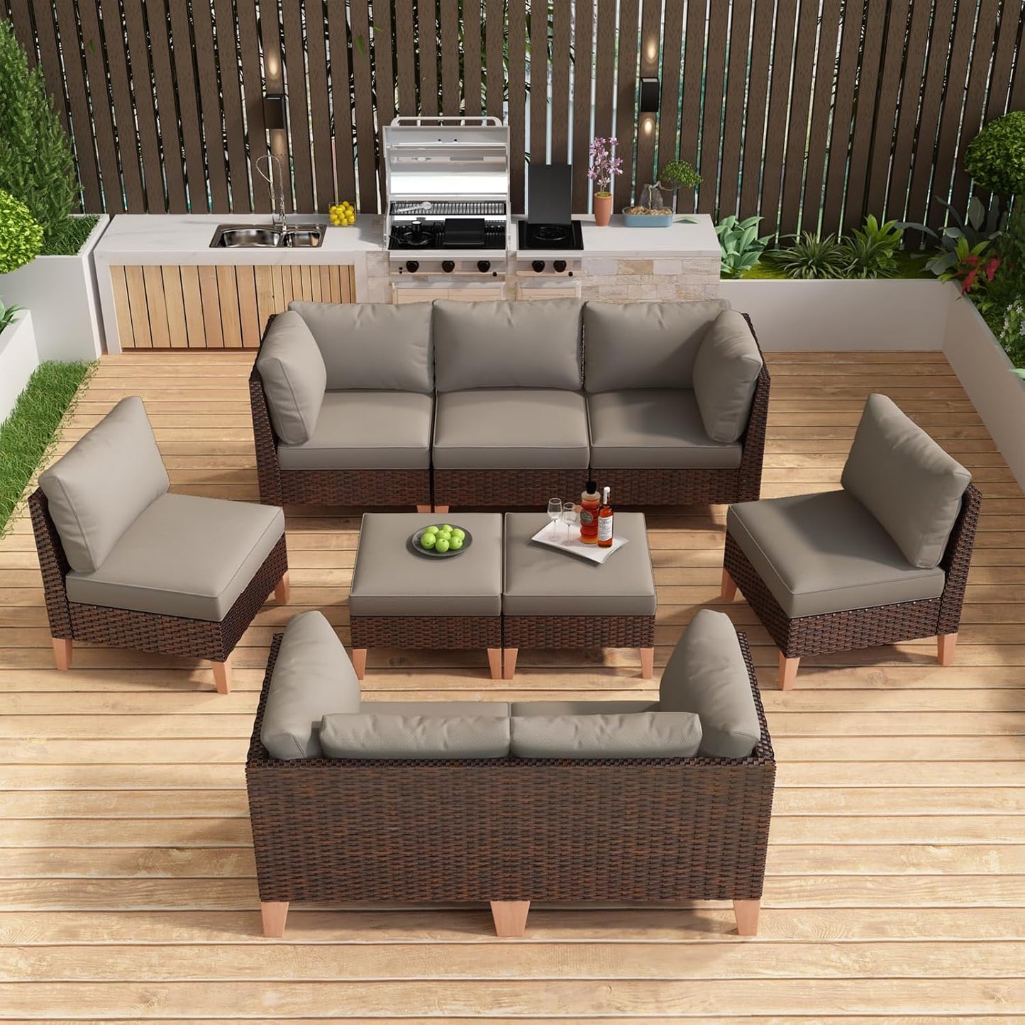 HUMMUH Patio Furniture Set,9 Pieces Outdoor Modular Sectional Couch Chairs with Ottomans,All Weather PE Wicker Patio Conversation Sets for Garden Porch Backyard