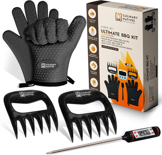Meat Claws and Smoker Gloves | No.1 Heat Resistant BBQ Grill Gloves | Pulled Pork Claws | Thermometer | Silicone Oven Mitts & Razor-Edge Meat Shredders | Barbecue, Grilling, Smoking, Shredding (Black)