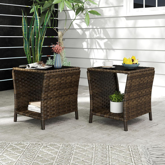 Outdoor Small Patio Table - PE Rattan Coffee Table, Wicker Side Table for Patio, Balcony & Porch, Durable & Iron Frame (2, Mixed Dark Brown)