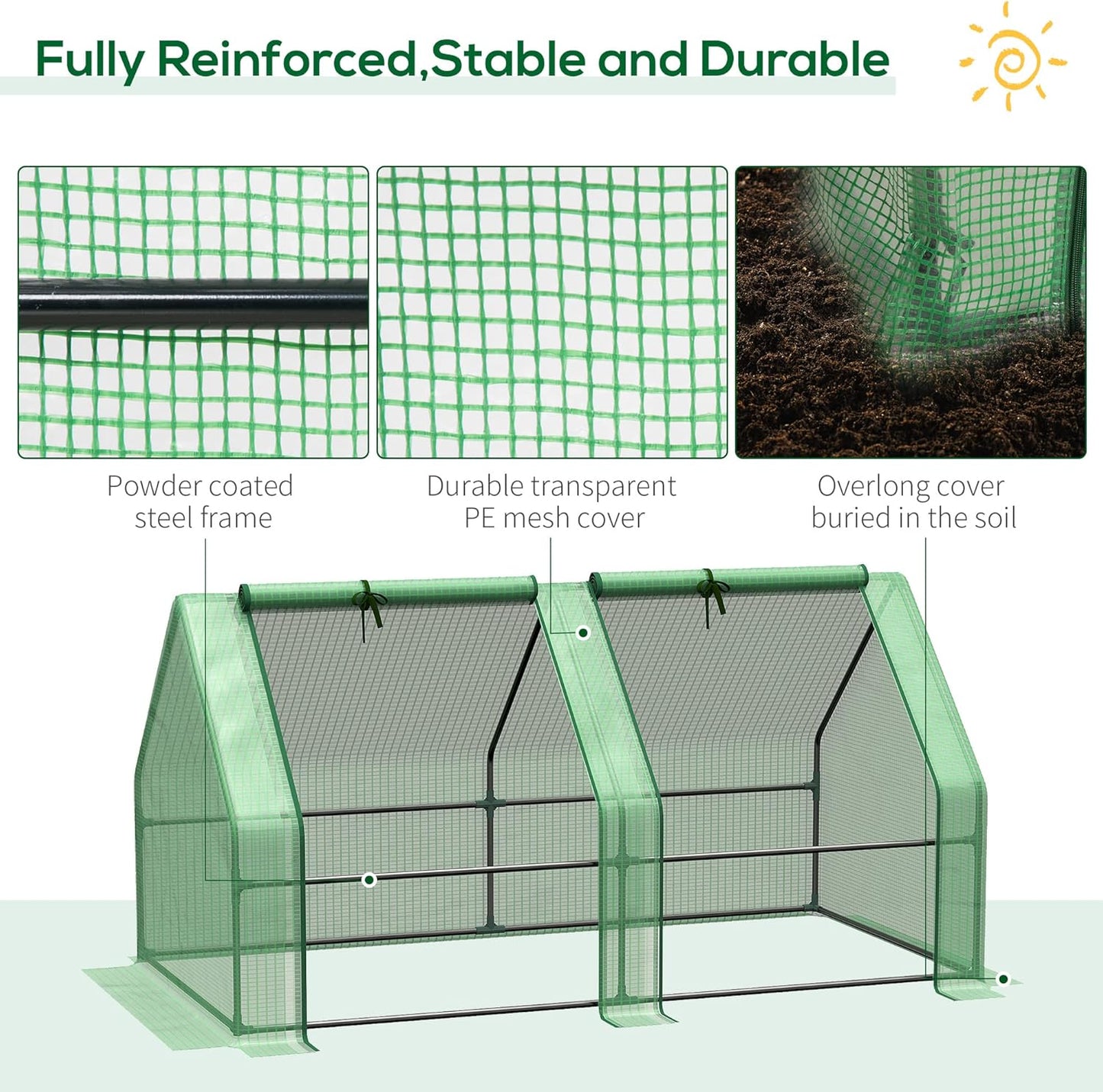 Outsunny 6' x 3' x 3' Mini Greenhouse with Zippered Doors & Roll-up Windows, Portable Plant Hot House with Durable PE Cover, Water Resistant, UV Protected for Outdoor Flowers, Vegetables, Green
