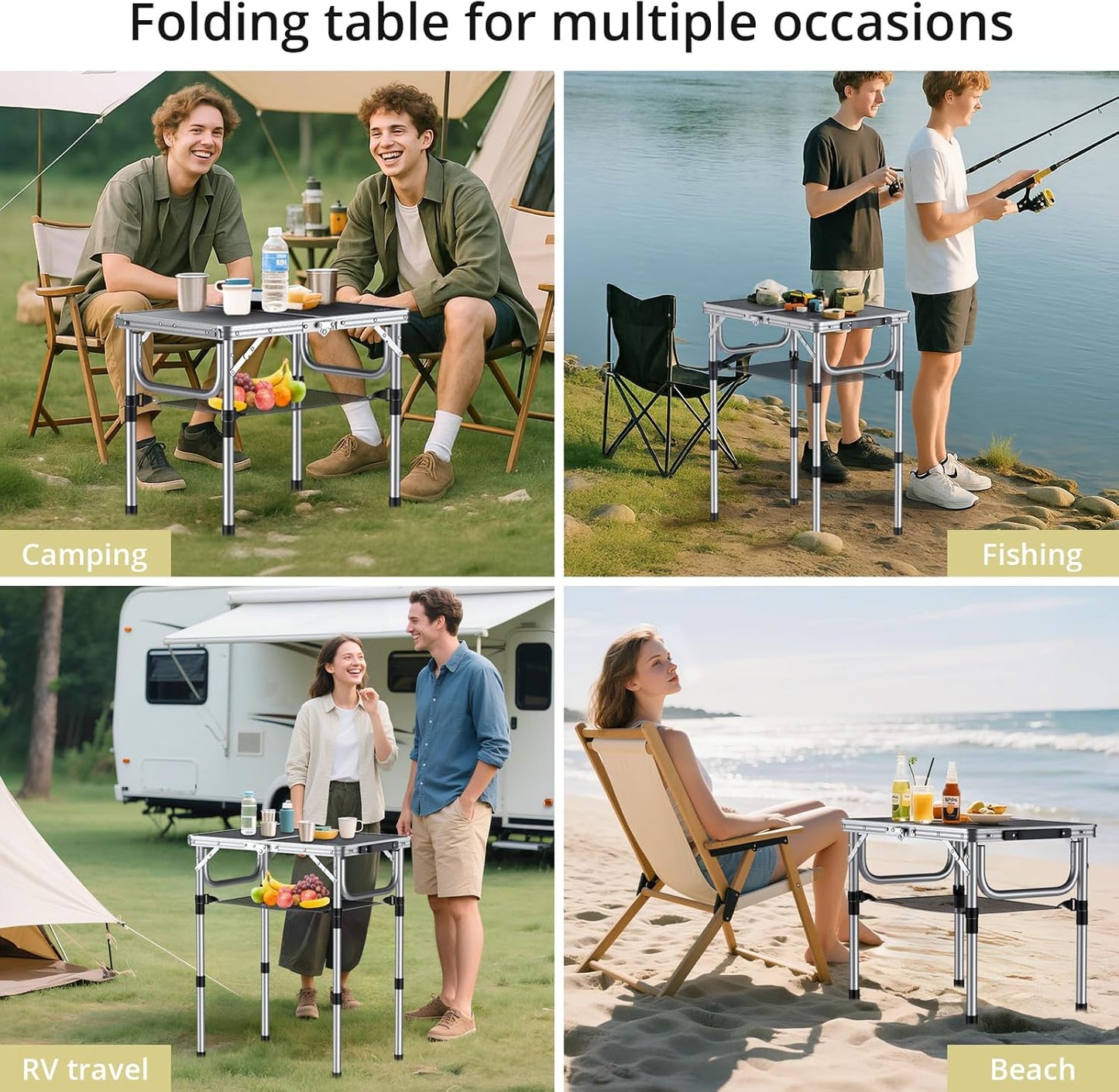 Folding Camping Table, Aluminum 24" x 16" Adjustable Height Small Folding Table with Carrying Handle, Lightweight, Portable Camping Table Waterproof for Outdoor Indoor Picnic Beach BBQ (Black)