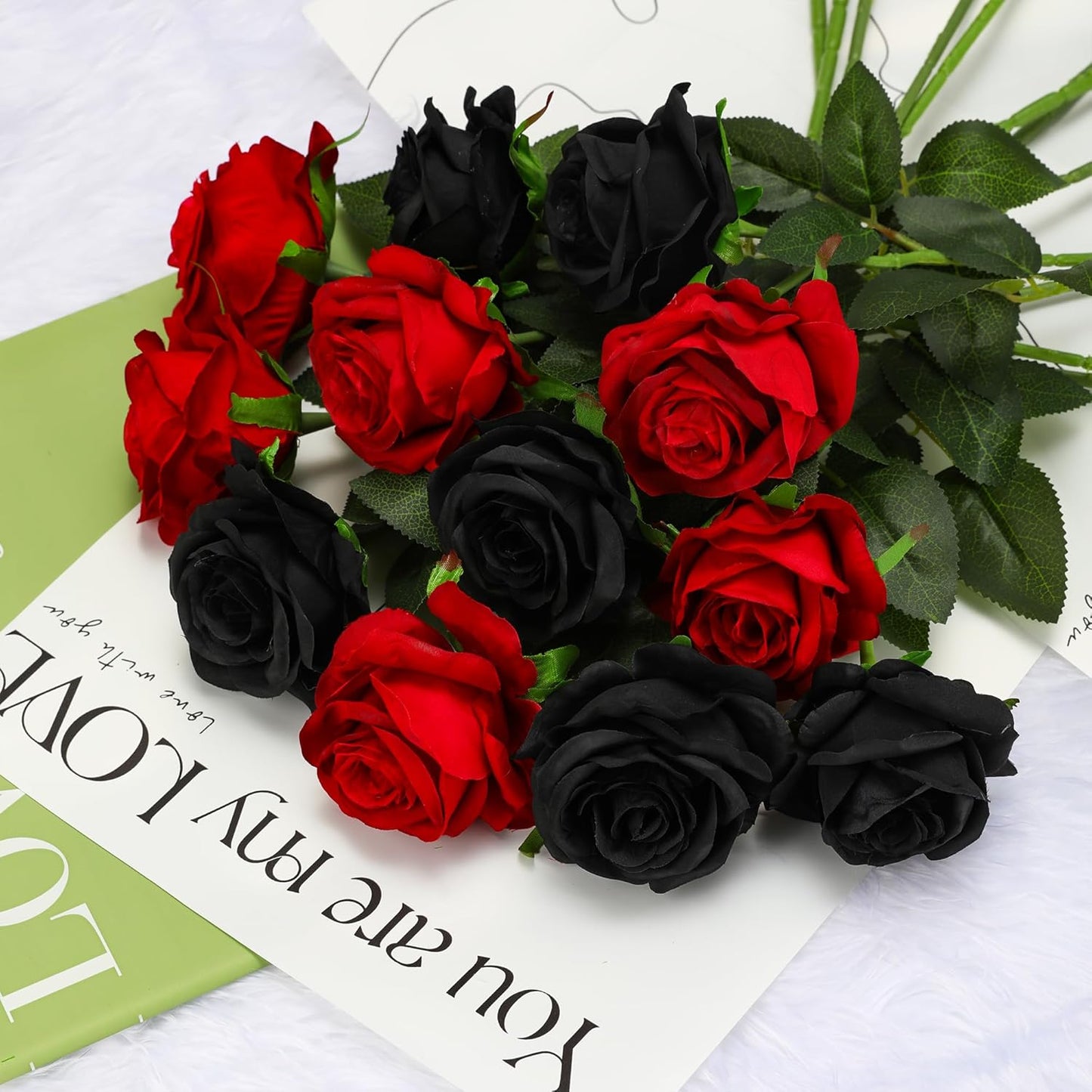 Black Fake Roses Artificial Flowers - 10 Pcs Fake Artificial Roses Silk Flowers with Stems for Home Wedding Hotel Office Centerpiece Decor